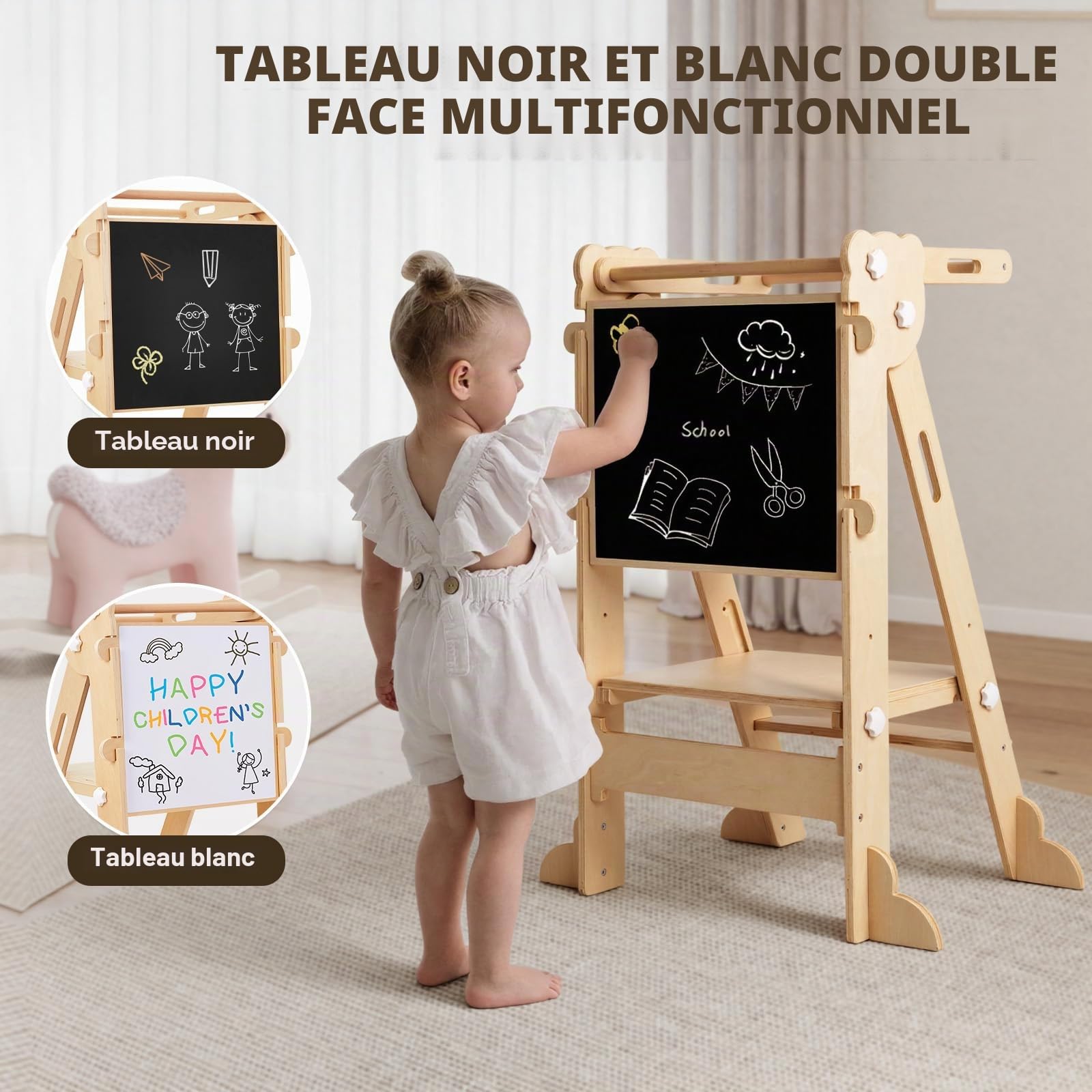 Labebe Tour d'apprentissage pour Enfants 3 en 1 Montessori Pliable Tableau Double Face Bois 1 an+