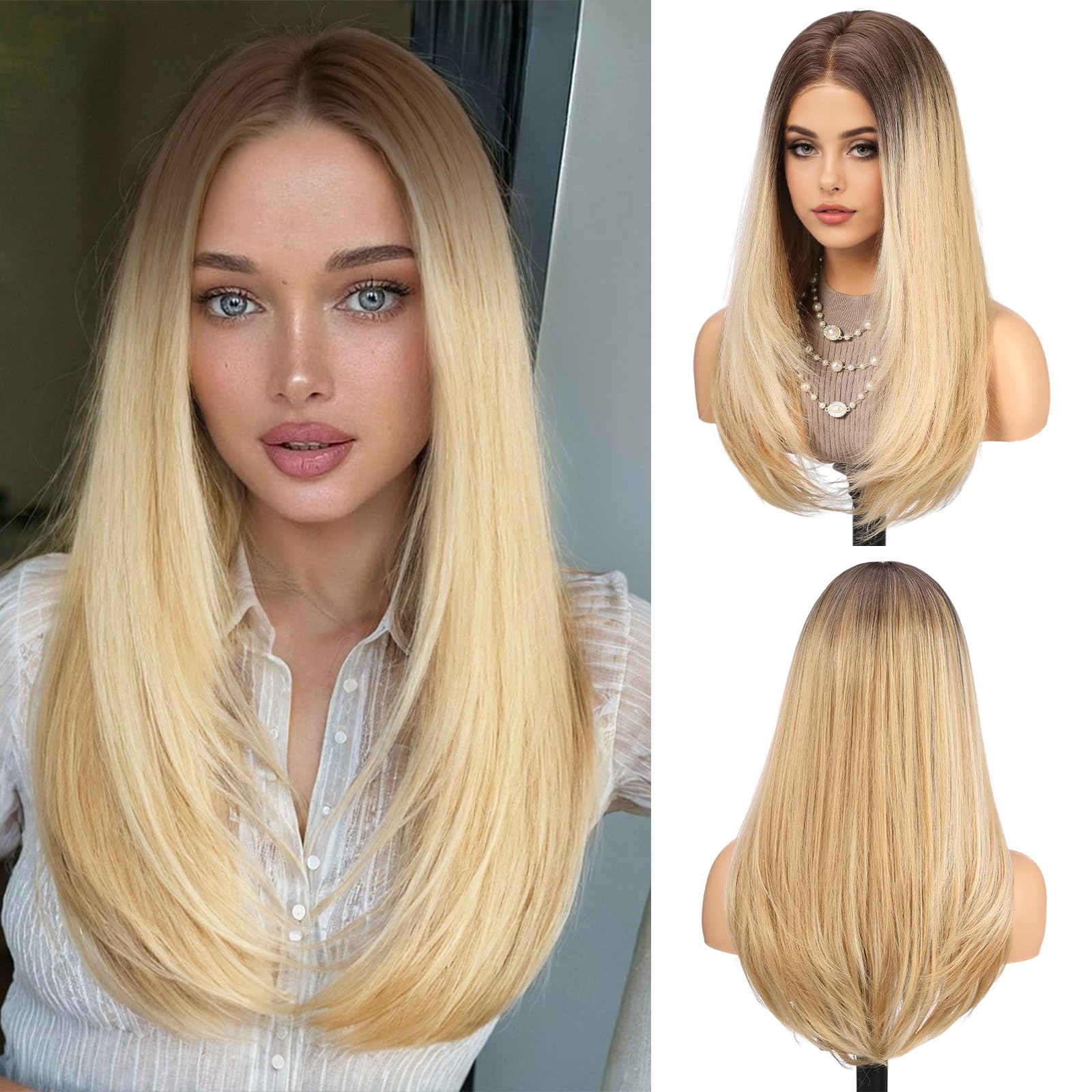 Getshow 5×5 HD lace Front Wigs Heat Resistant Fiber Straight Hair Daily Use Blonde with Dark Roots Glueless Wig