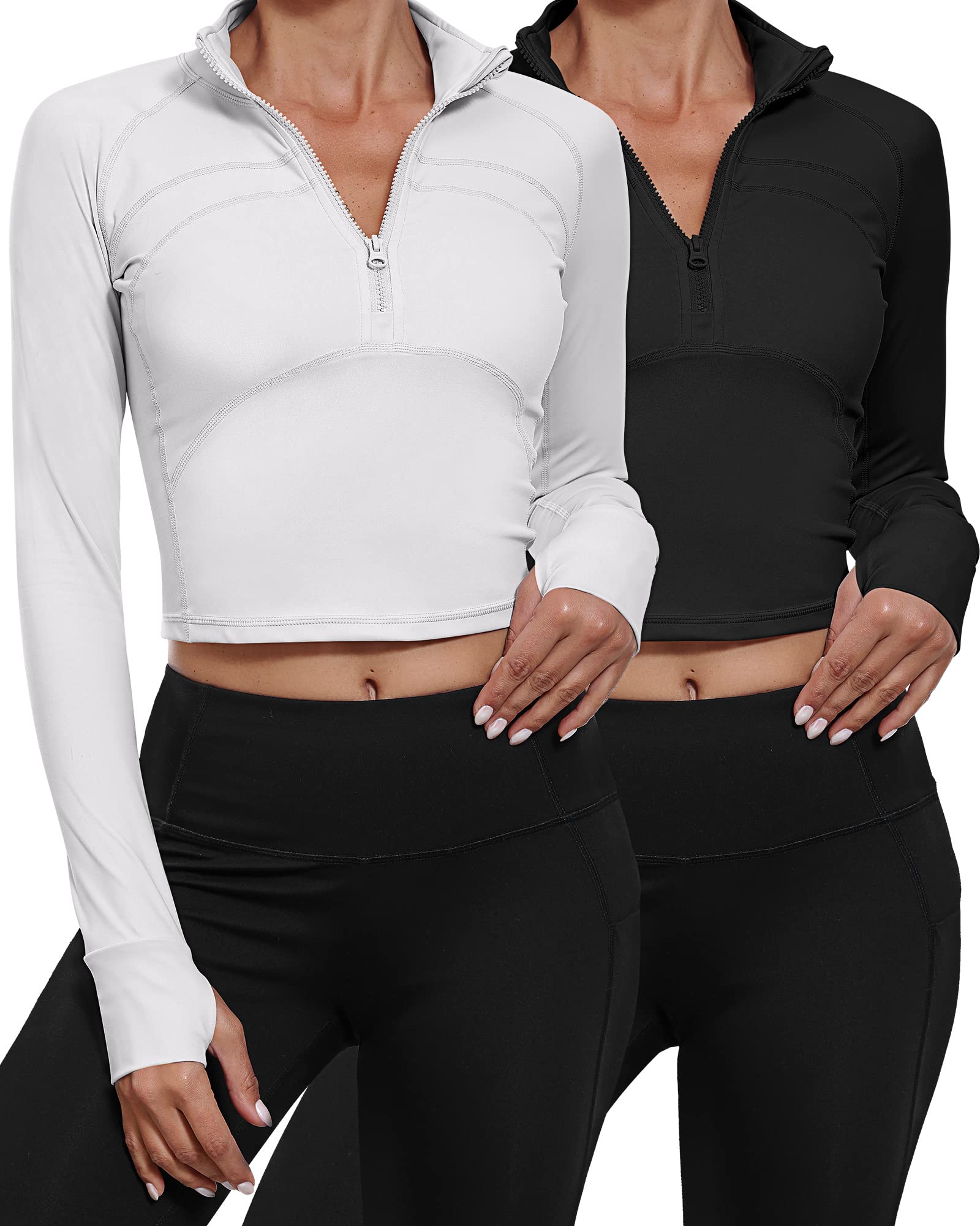 Neer 2 Pack Women's Workout Long Sleeve Jackets, 1/2 Zip Pullover Yoga Crop Tops Slim Fit Running Top with Thumb Holes (Black, Ivory Gray, Medium)