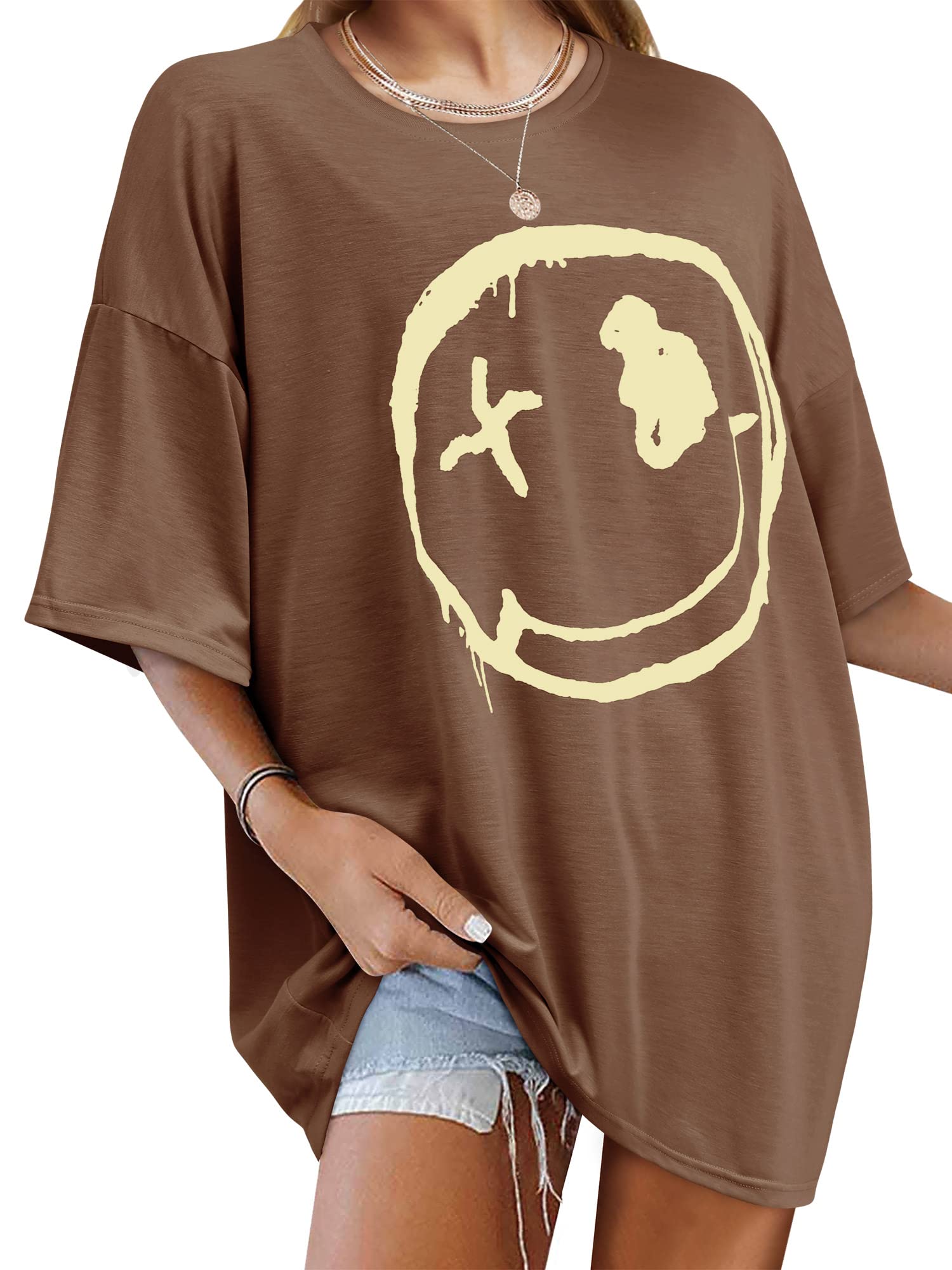 WLLWWomen's Drop Shoulder Cute Oversized Graphic Tees Loose Crewneck Half Sleeve Preppy Graphic T Shirts Tops