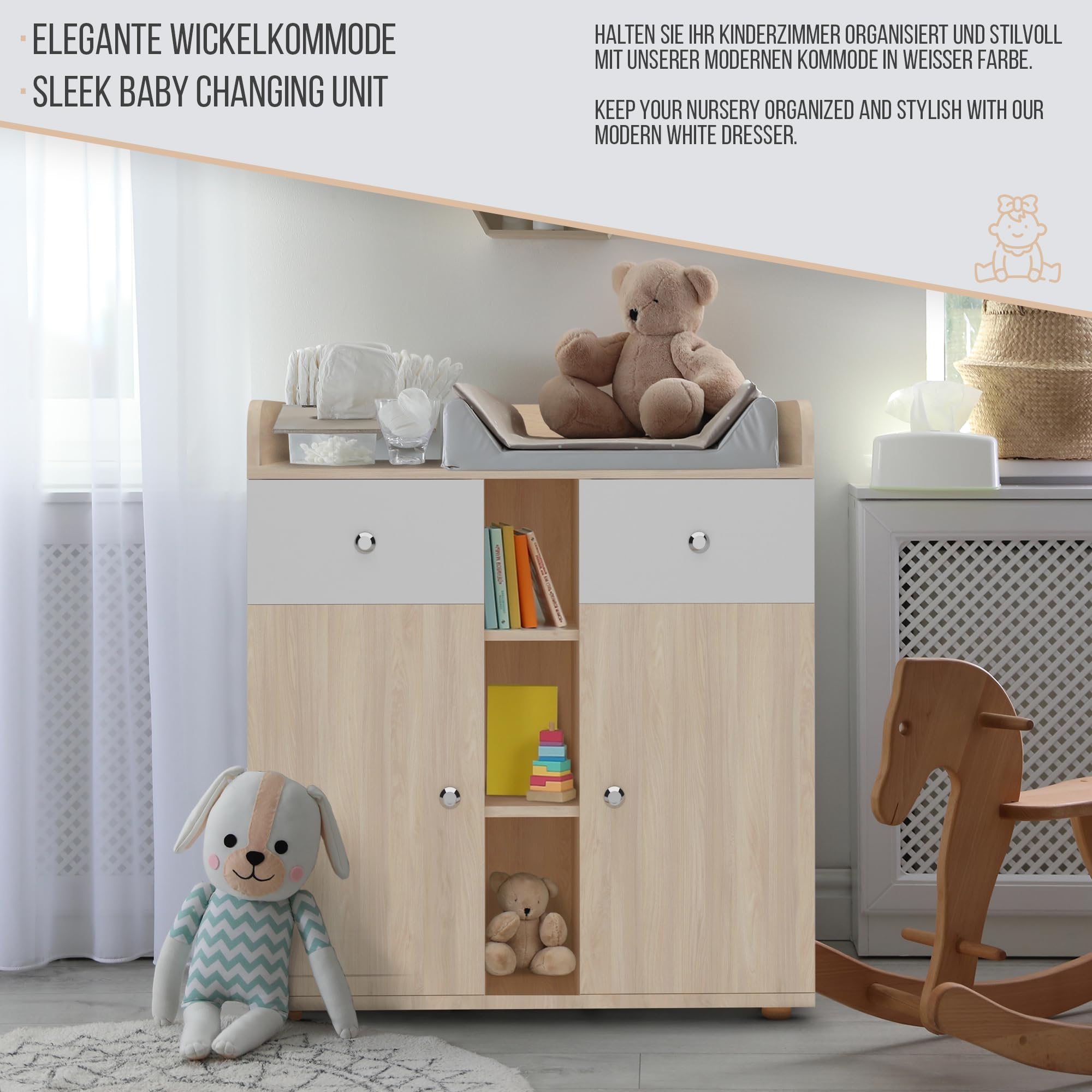 Infantastic® Cómoda Cambiador para Bebé - con 2 Cajones y Compartimentos Abierto y Cerrados, 90 x 69 x 92 cm, Roble/Haya - Cómoda Infantil, Organizador, Mueble para Habitación de los Niños (Haya)