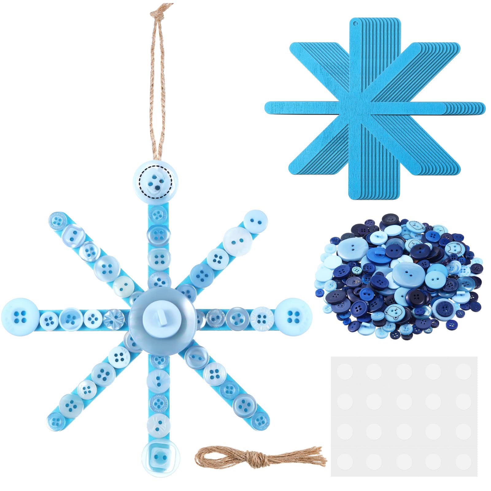 12 Set Christmas Snowflake Craft Kit for Kids Wooden Stick and Buttons Winter Ornament Make Your Own Snowflake for Xmas Tree Hanging Decoration DIY Home Activities(Blue,Classic)