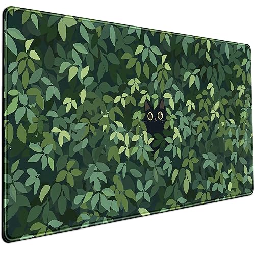 Cute Cat Kawaii Green Desk Mat - Large Gaming Mouse Pad & Keyboard Laptop Mat - Anime XL (31.5x15.7 in) - Non-Slip Base, Stitched Edges - Green Plants Black Cat