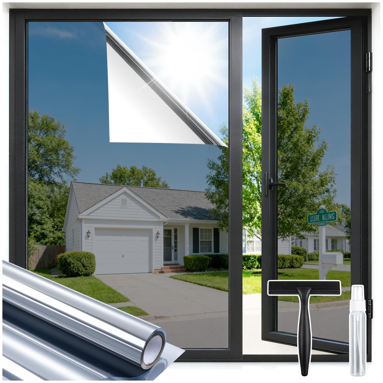 rabbitgoo Heat Reflective Window Film Privacy Film for Glass Windows Silver 44.5×200cm, One Way Mirror Tint with Tools Static Cling Anti Glare UV, Sun Blocker for Home, Office — image 1