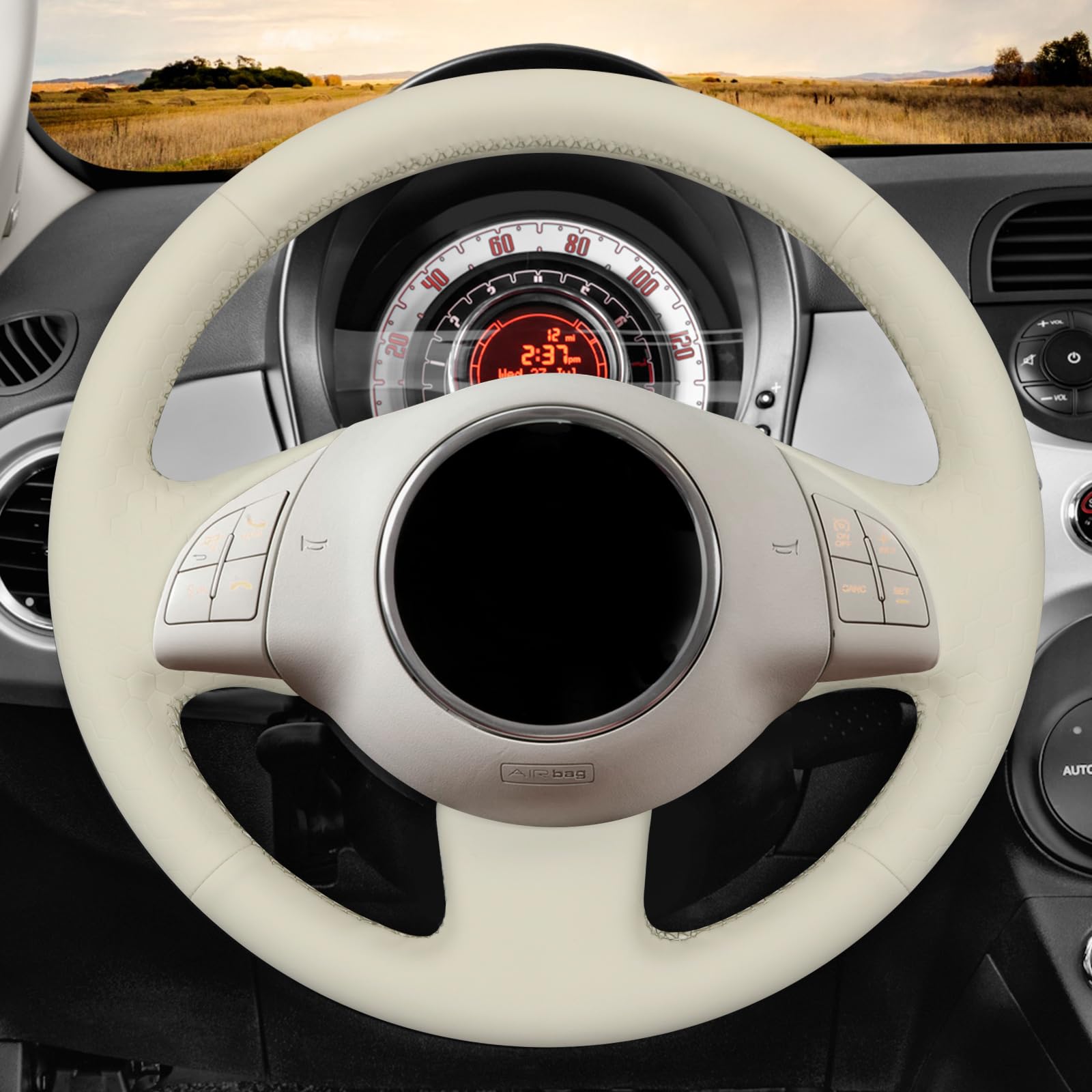MEWANT Stitch Beige - Coprivolante in similpelle morbida goffrata per Fiat 500 2007-2015 / 500e 2014-2018 / 500C 2014-2017