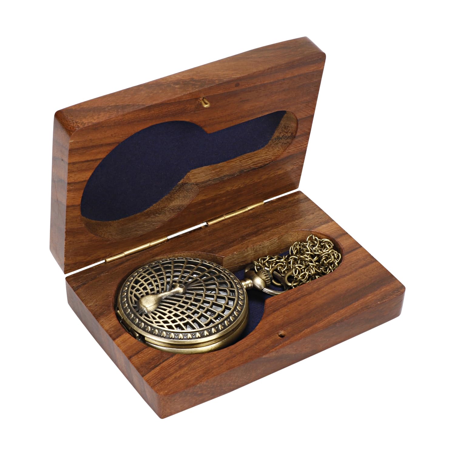 ARTVARKO Orologio da taschino in stile vintage, quadrante rotondo, quadrante al quarzo, con pavone inciso e catena lunga, numeri romani, con scatola in legno