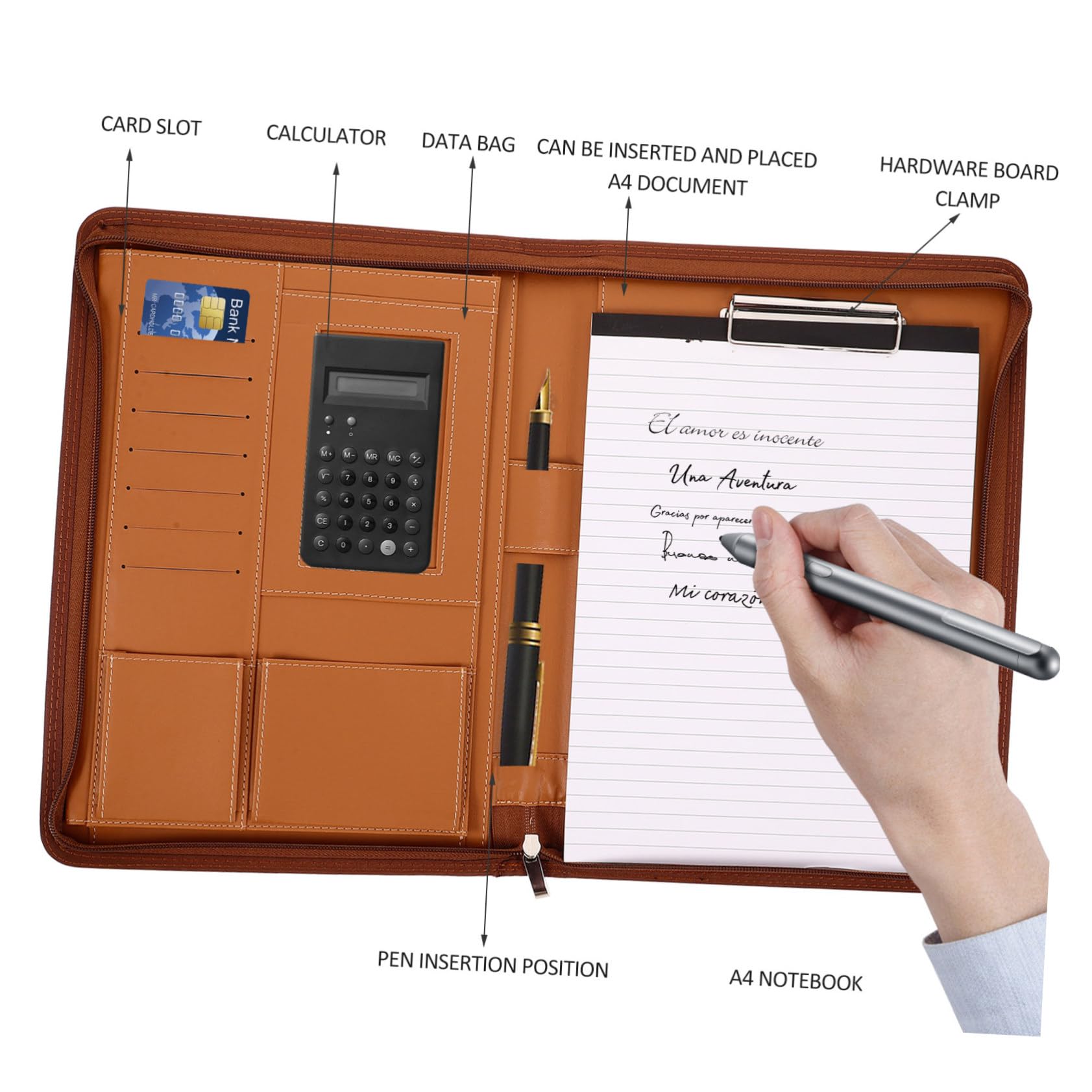 Sewroro carpeta bolsa con cremallera carpeta organizador portafolio de negocios Portafolio de archivos Organizador de tarjetas de cartera de oficina padfolio PU