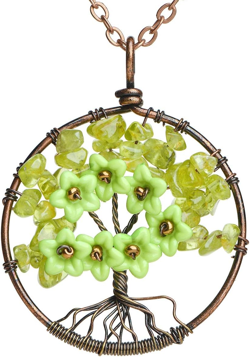 sedmart Flower Necklace Tree of Life Charm Necklace Lucky Charm Peridot with Lilac