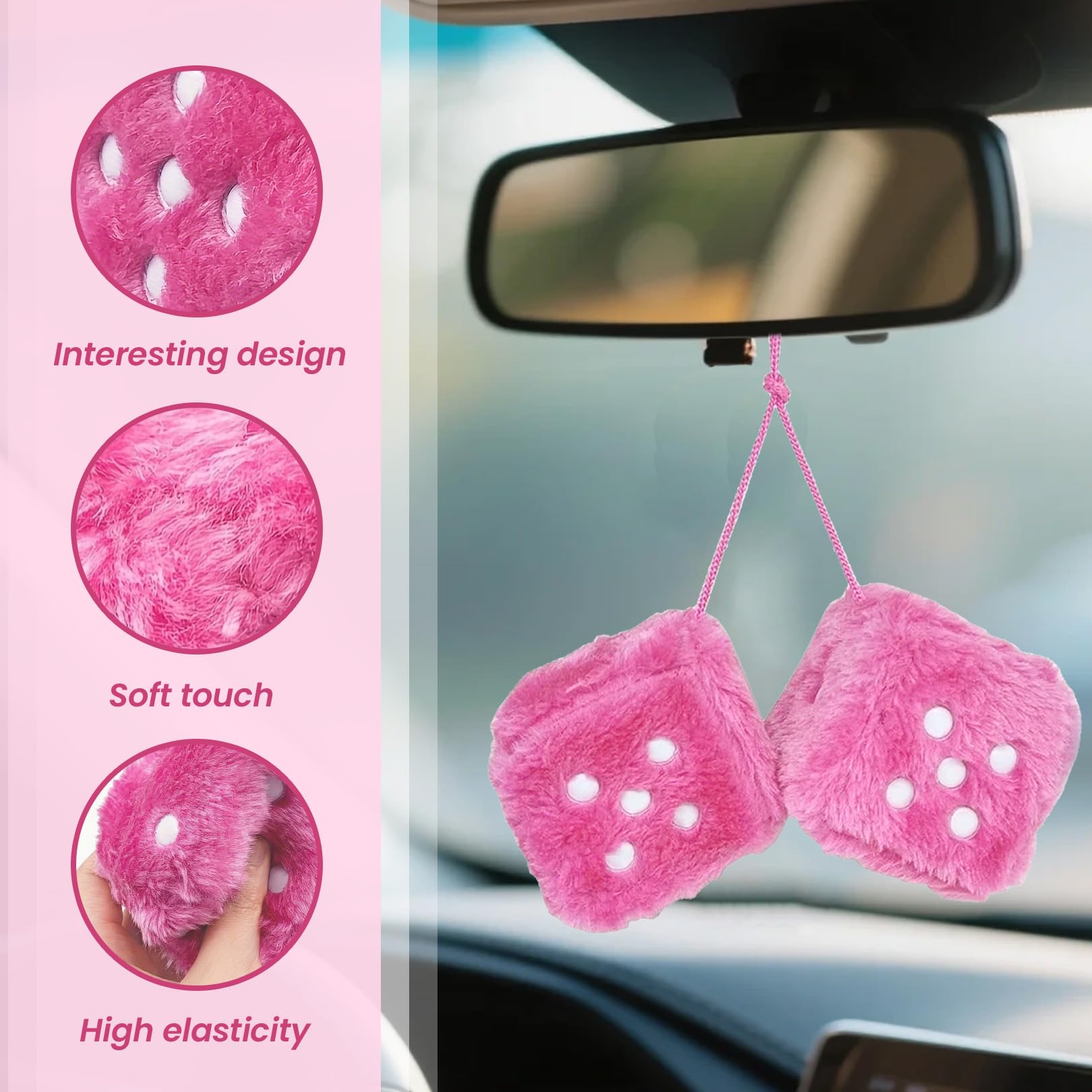 Pair 3” Fuzzy Plush Dice Furry Dice for Car Fuzzy Dice for Car Pink Fluffy Dice Car Decor Cute Soft Plush Rearview Mirror Decor Rear View Mirror Hanging Accessories for Car Interior Ornament — view 4