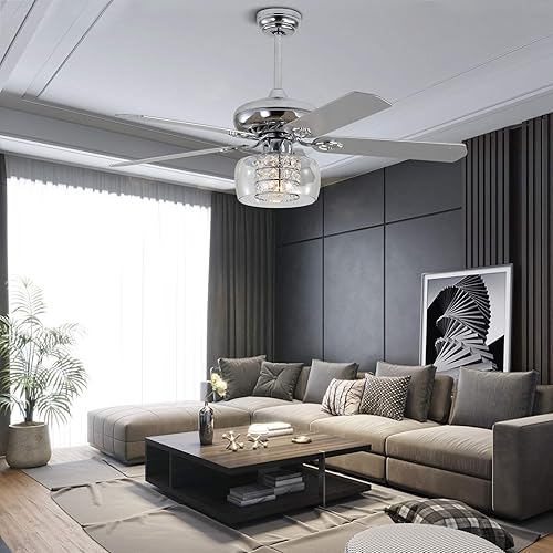 Miniatura 5 de Ventilador de techo de cristal de 52 pulgadas con luces, lámpara de araña moderna, pantalla de cristal, ventilador de techo con aspas de madera, 3
