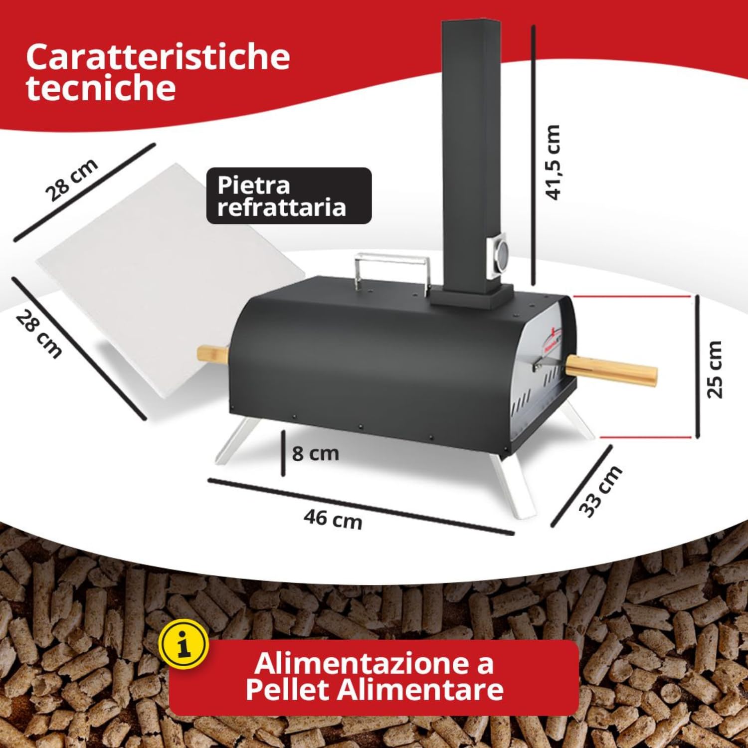 PizzaioloJet Forno Pizza a Pellet 460°C, 28 cm, 11 kg, Pietra Refrattaria, Termometro