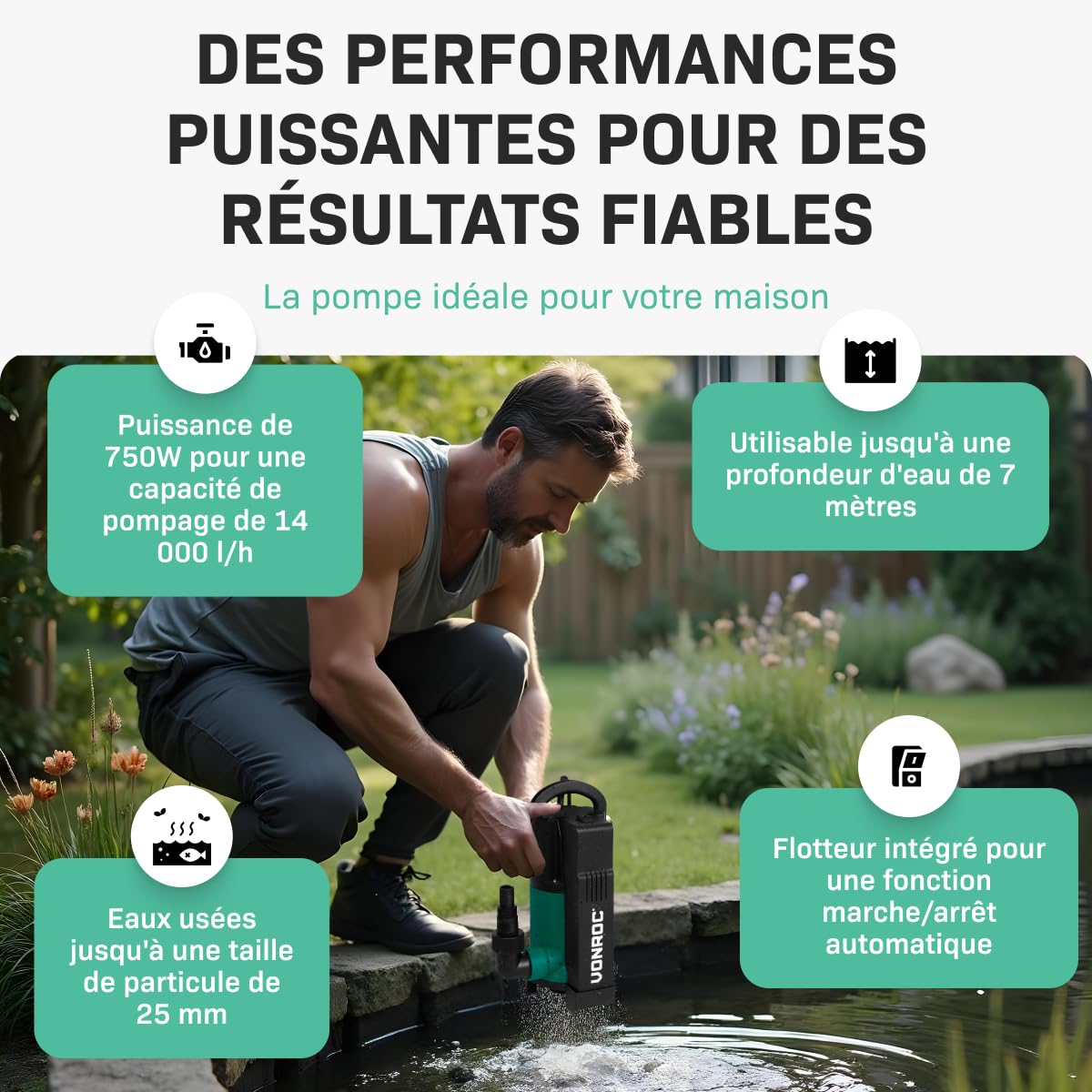 VONROC Pompe Submersible 750W – Débit 14 000 l/h – Pour Eaux Propres, Usées – Flotteur Intégré – Profondeur 7 m, Hauteur de Refoulement 7,5 m – Pompe Immergée Usage Domestique, Extérieur