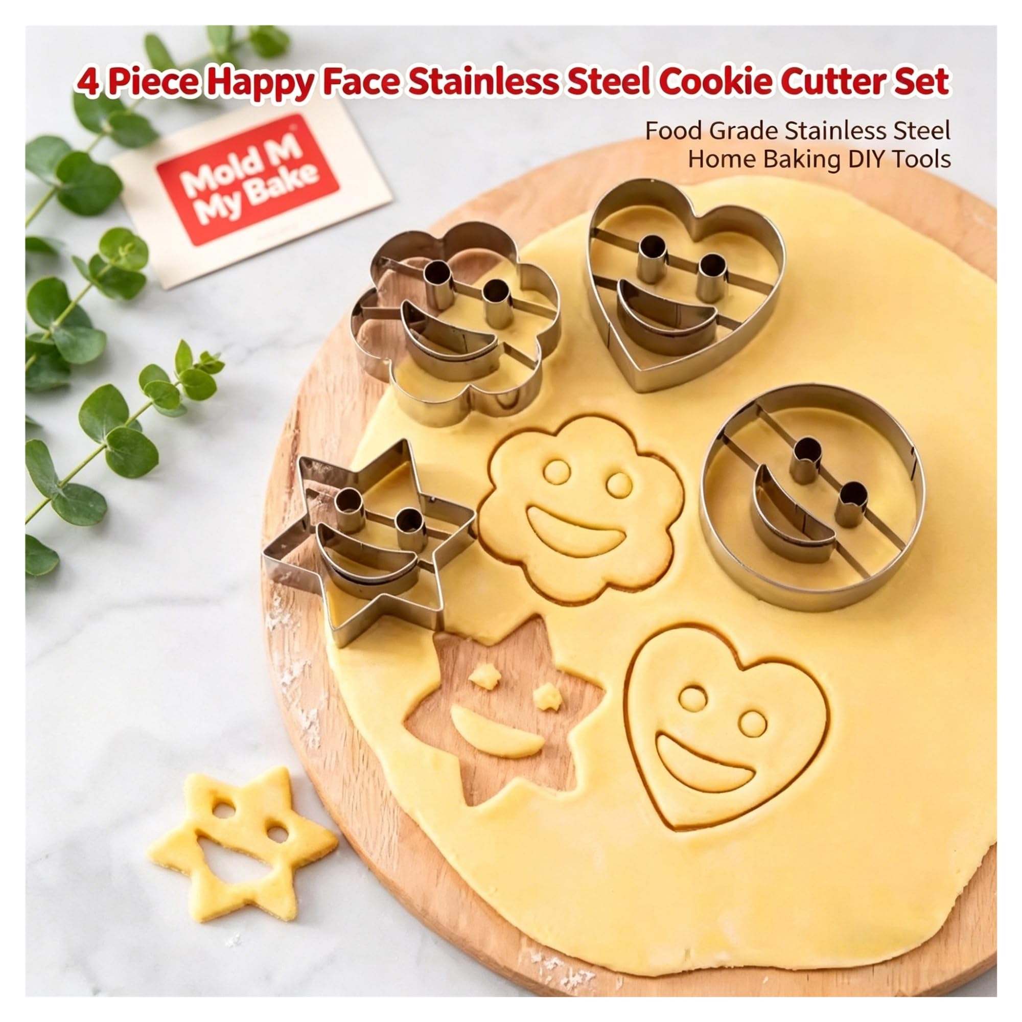 Juego de cortadores de galletas, 4 Uds., moldes de acero inoxidable de calidad alimentaria con forma divertida de cara sonriente for fondant, queso, fruta, panqueque, horneado DIY en casa