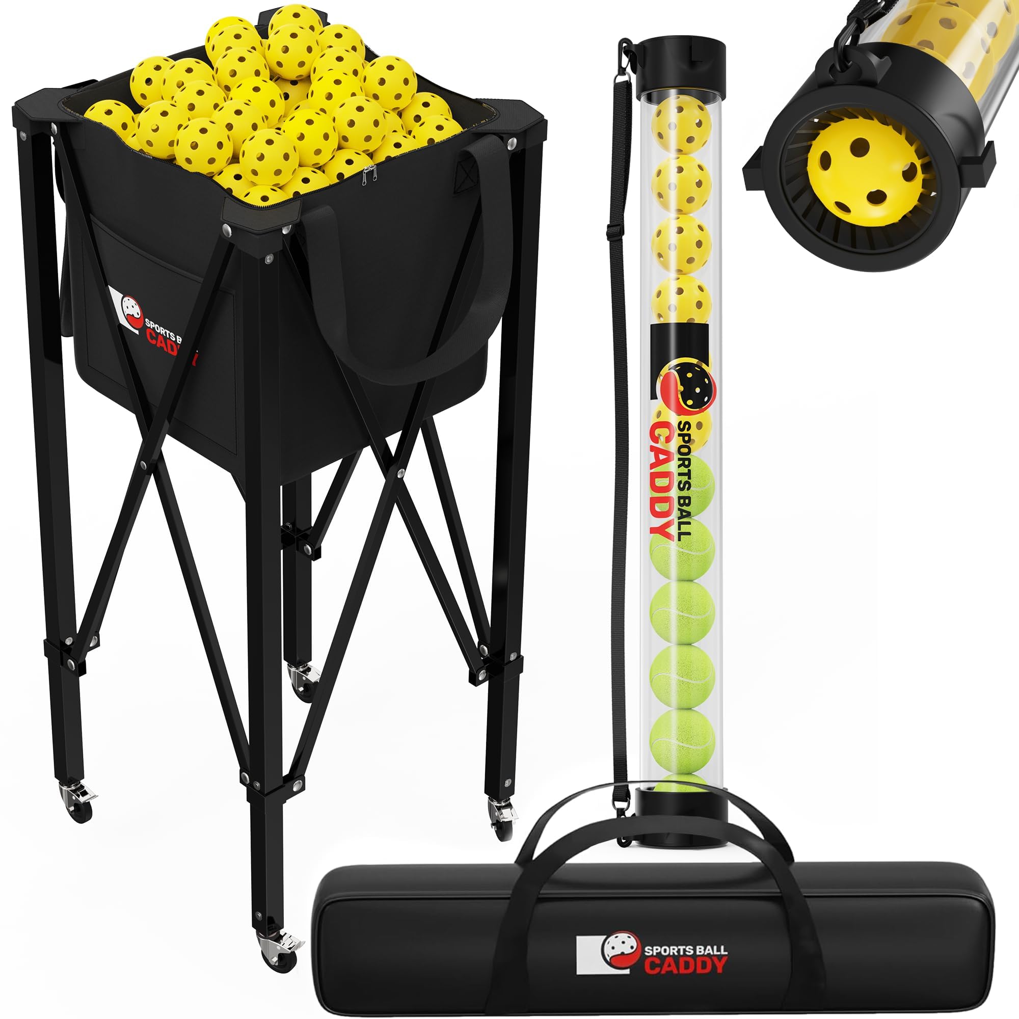 View 1 of [2-in-1 Set] Tennis & Pickleball Hopper with Pickup Tube – Pickleball Caddy with Collapsible Metal Frame Ball Basket and Wheels & Carry Case – 120 Tennis Balls or 100 Pickleball Ball Holder (Pin)