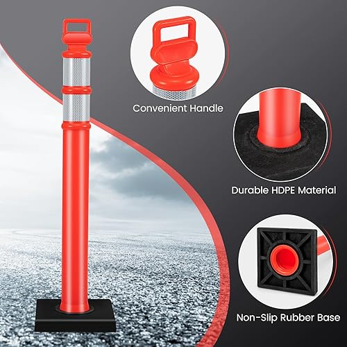 Miniatura 6 de Goplus Poste delineador con base, paquete de 3 postes de delineador de tráfico de 45 pulgadas con base de goma pesada de 9 libras, bandas