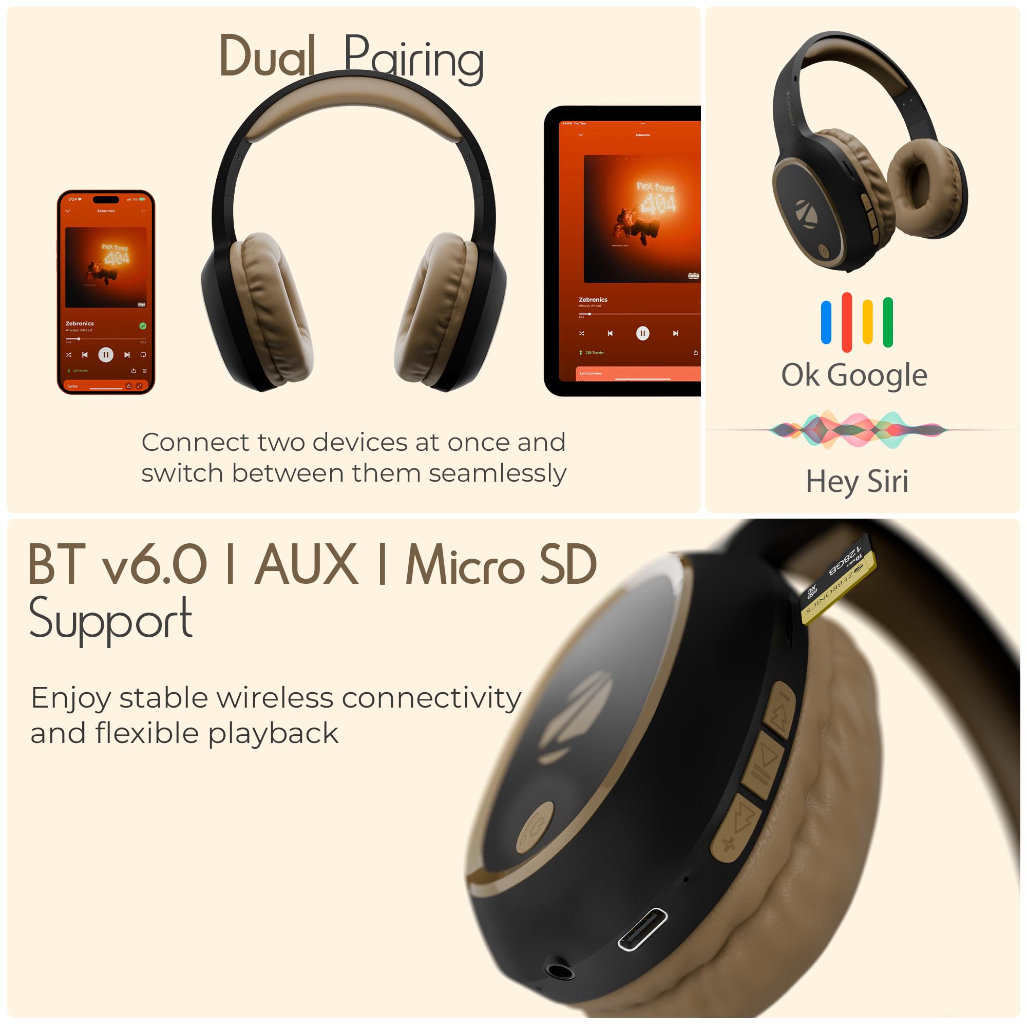 Zebronics Thunder (2026 Upgrade) Wireless Headphones, BT v6.0, True 60 hrs Playback, 40mm Drivers, ENC, Gaming Mode, Dual Pairing, AUX & microSD, Rapid Charging, Call Function (Brown) — Amazon image 8