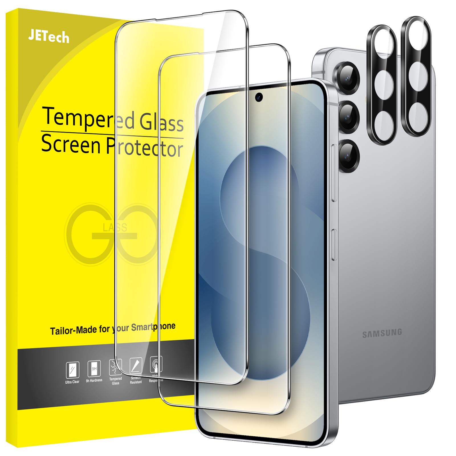 JETech Schutzfolie für Samsung Galaxy S25 5G mit Kameraschutz, Gehärtete Glas Displayschutz, Fingerabdruck ID Kompatibel, HD Klar, 2 Stück Jeweils
