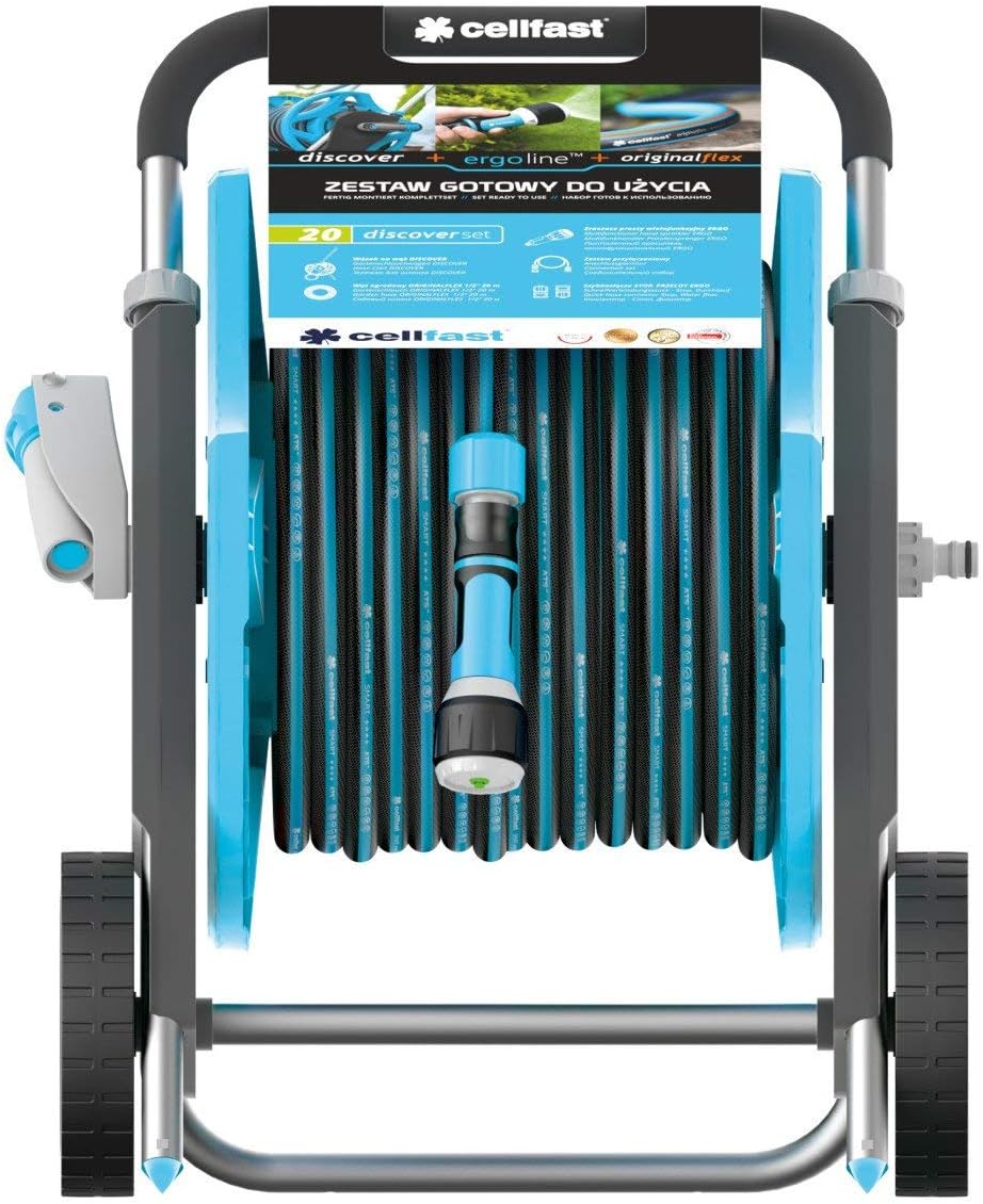 Cellfast Garden Discover Trolley with Hose 1/2" 20m, Includes Sprinkler, 2 Connectors and Connection Set, Aluminium, Lightweight, Resistant to Corrosion, 55-620, Blue, 6x6x0.1 cm