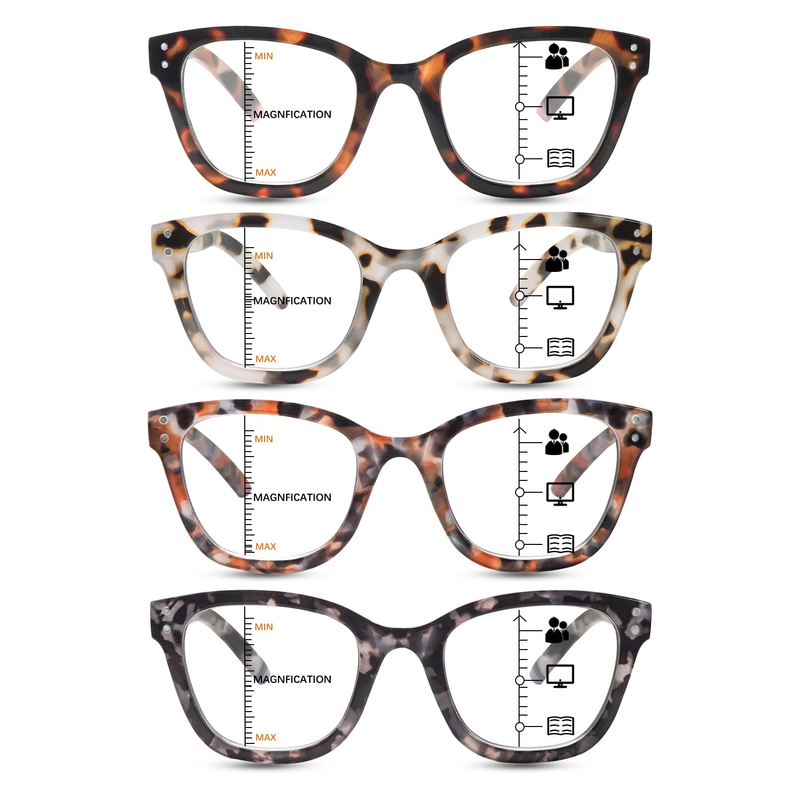 COJWIS Multifocus Progressive Reading Glasses for Women - 4 Pack Blue Light Blocking Computer/Book Readers With Spring Hinge(4 Mix,1.5x)