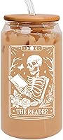 Haukea Skull Reader Book Cup - 16oz Iced Coffee Glass Tumbler with Lid & Straw | Gifts for Book Lovers, Readers, Librarians