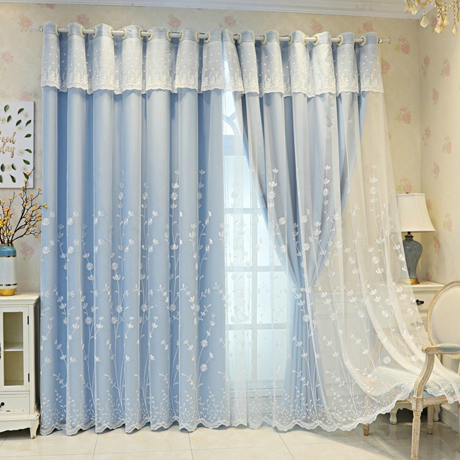 Rideau intérieur thermique haut de gamme double couche avec dentelle bleu 250 x 270 cm