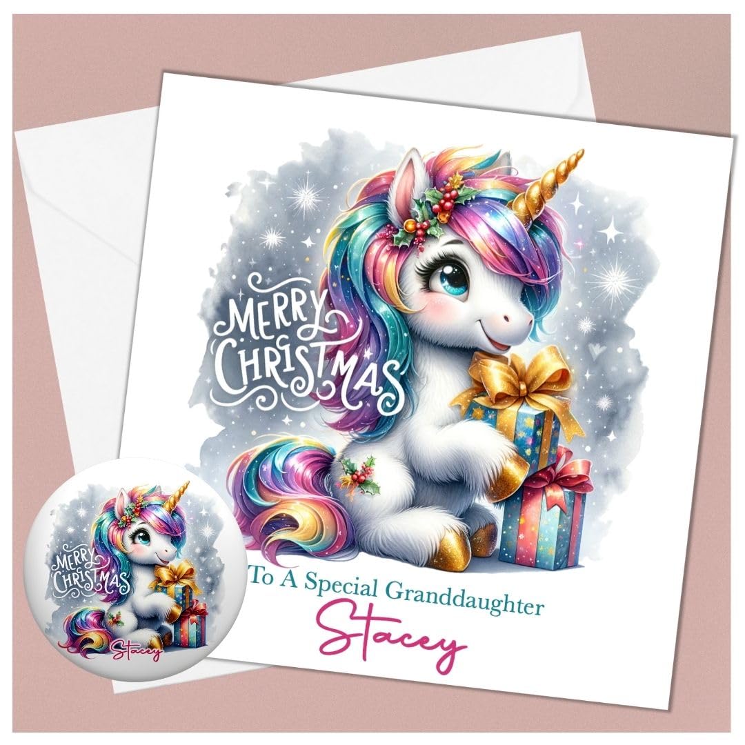 Unicorn Christmas Card Personalised for Daughter Granddaughter Niece Sister Goddaughter Pink Girls Card With Optional Matching Badge & Money Wallet (Large Card & Badge)