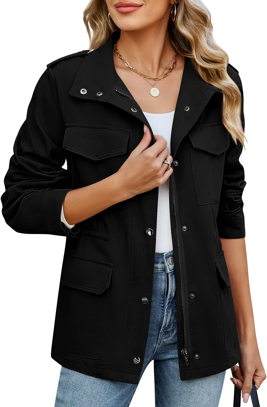Women's Jackets Lightweight Cotton Short Jackets Zip Up Utility Jacket, Casual Work Shacket Windproof Outerwear with Multiple Pockets for Spring Summer Autumn