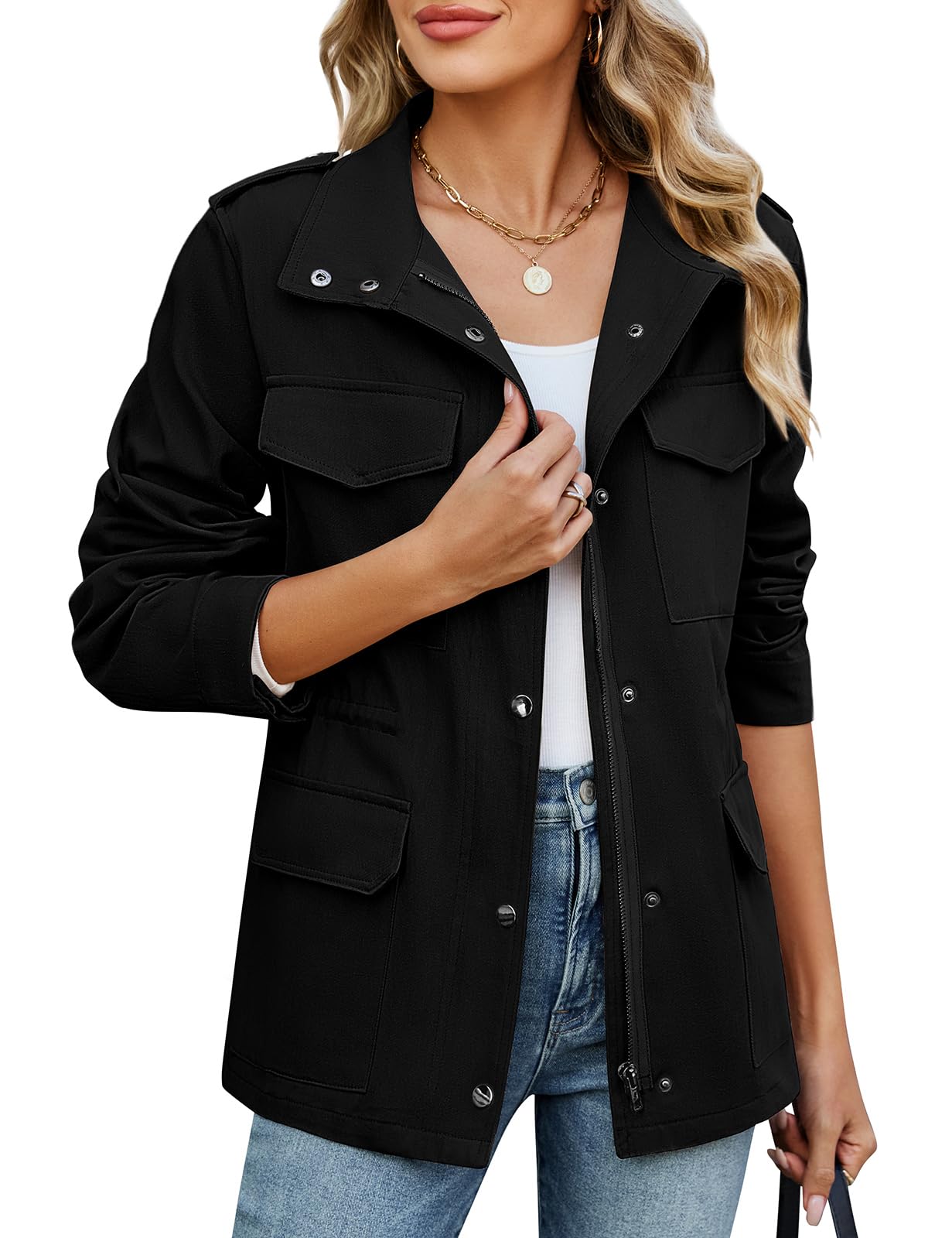 Tuopuda Giacca da Donna Cotone Militare Cappotto Leggera Zip Up Parka Utility Giacche con Tasche Primavera Autunnale