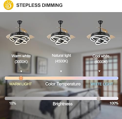 Vista 5 de Ventilador de techo retráctil con luces, ventiladores de techo negros con luces de 42 pulgadas, modernos ventiladores de techo de araña, ventilador