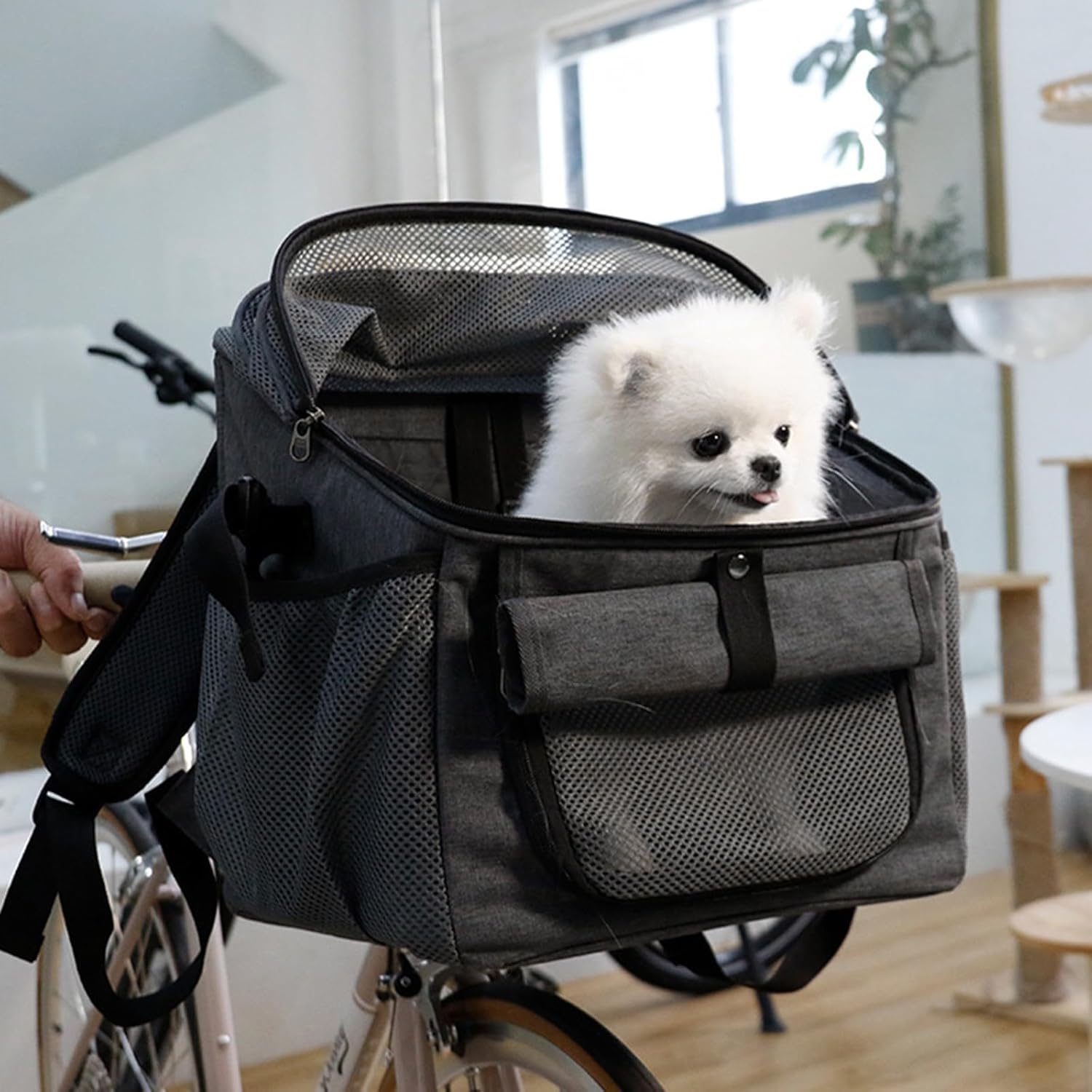 Pet Bike Basket for Small Dogs & Cats,Breathable Pet Bicycle Carrier with Safety Leash & Adjustable Shoulder Strap,Bicycle Basket Bag with Storage Pockets Fits Most Bikes,Holds Pets Up to 11 lbs