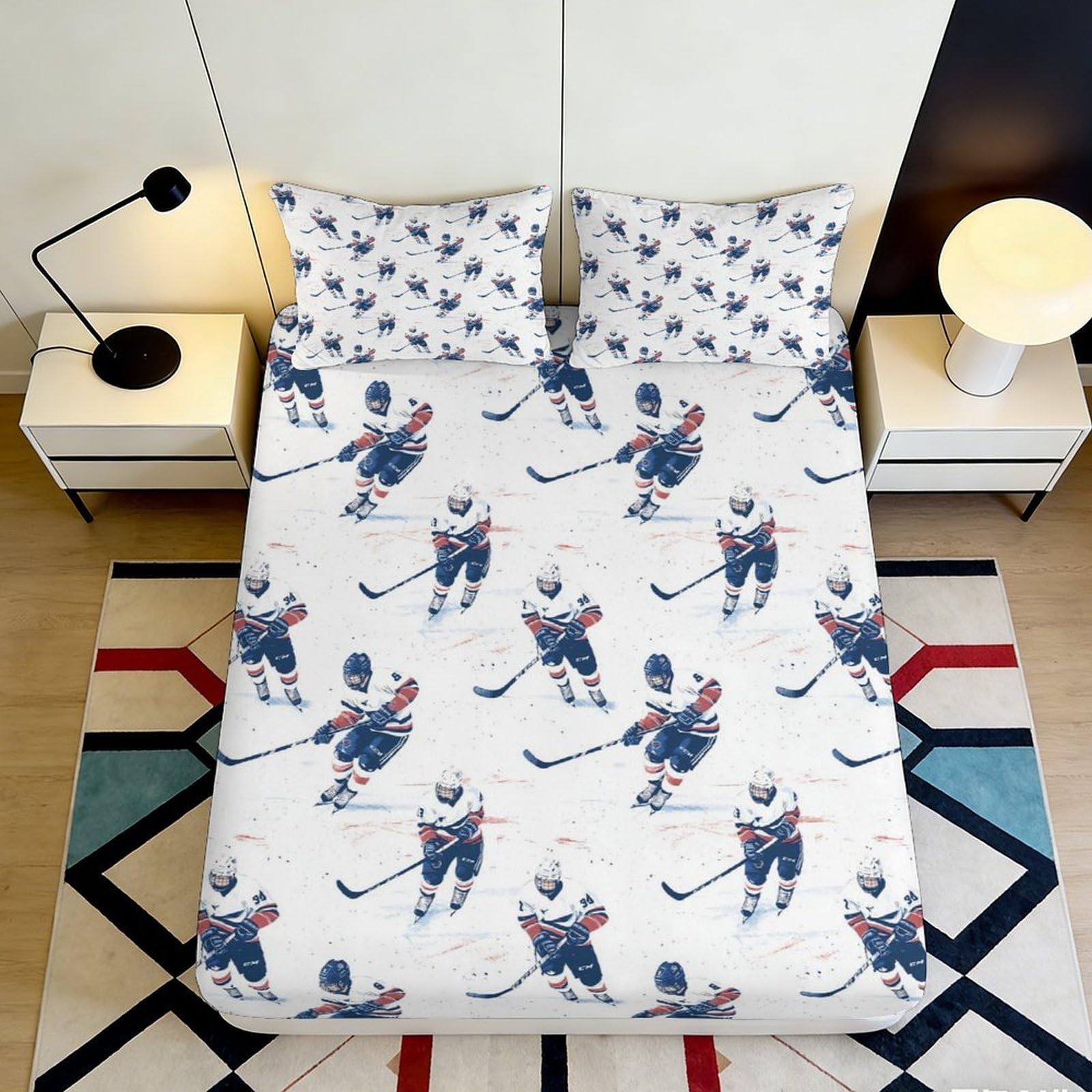 Wtorimpel Style-8 3D Printed Ice Hockey Fitted Sheet Microfiber Deep Pocket Non-Slip Ice Hockey Mattress Fitted Cover Full Wrap Washable For Adults Teens Bedroom 200X200x25cm