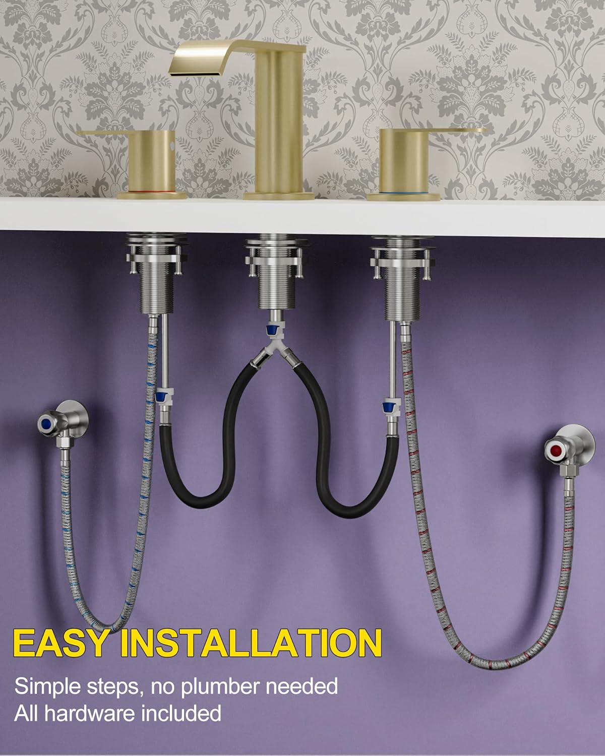 Homevacious Brushed Gold Bathroom Faucet 3 Hole 8 Inch Widespread Waterfall Bathroom Sink Faucets 2 Handles with Pop-up Drain and Supply Lines for Bath Vanity Commercial Lavatory Rv Restroom - Image 8