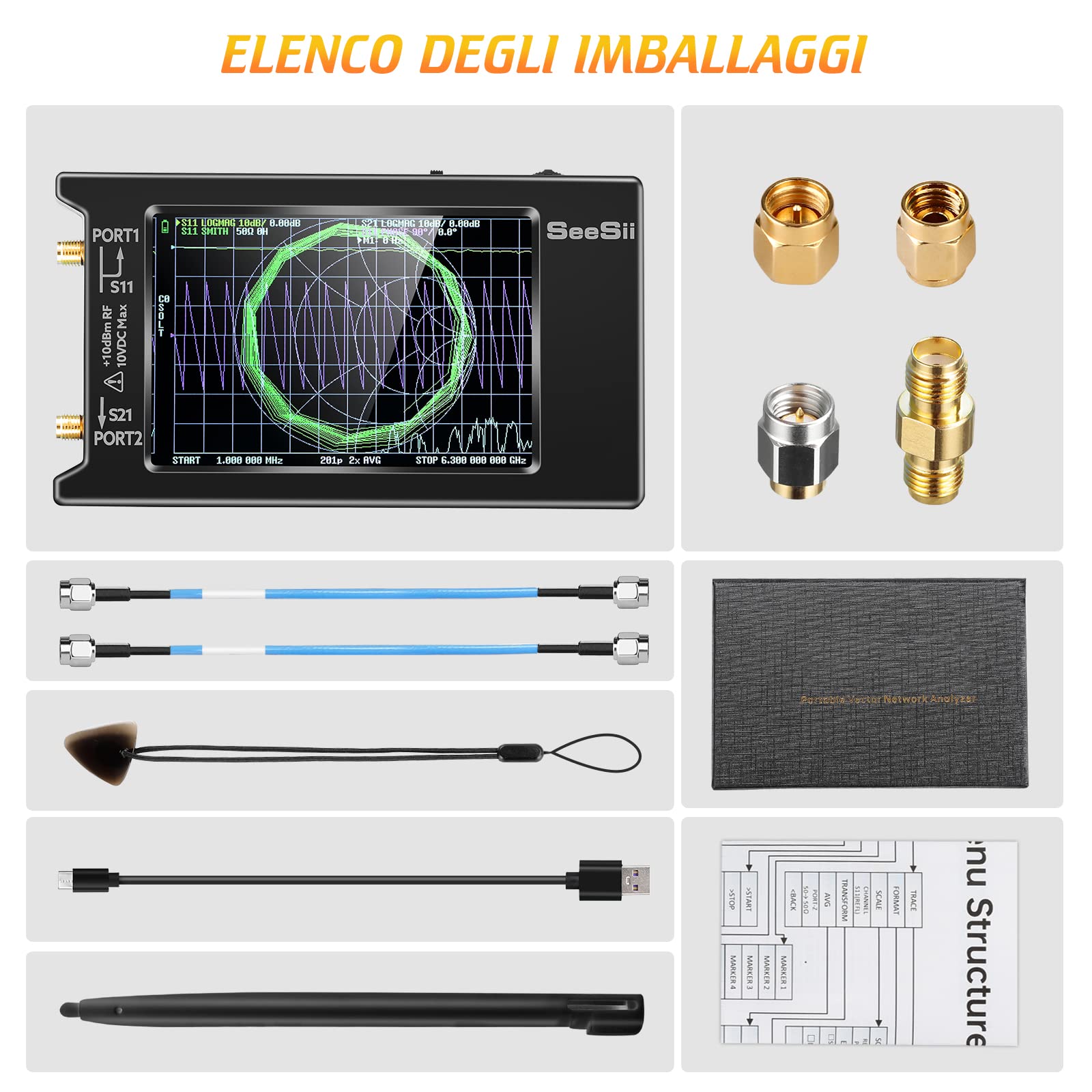 Seesii LiteVNA Analizzatore di Rete Vettoriale 50kHz-6,3GHz Aggiornato, 4'' Analizzatore di Antenna con Slot MicroSD, Misurare i Parametri S HF VHF UHF SWR Ritardo di Fase Smith Chart
