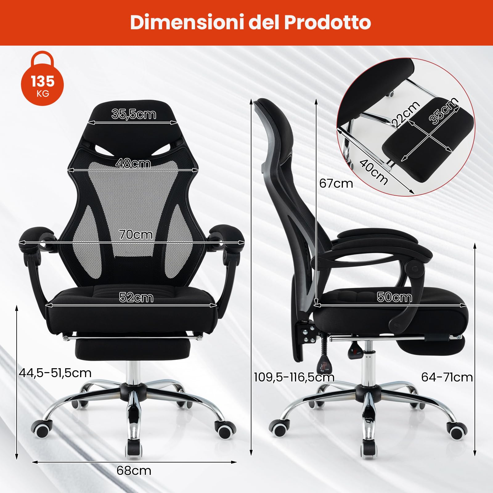 GYMAX Sedia da Scrivania per Computer, Sedia da Ufficio Ergonomica in Mesh Regolabile in Altezza con Schiena Inclinabile, Braccioli, Testiera, Sedia Girante Reclinabile per Sala Riunioni, Nera
