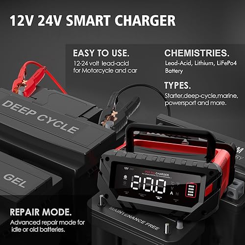 Miniatura 2 de Cargador de batería de coche de 20 amperios, cargador automotriz inteligente de 12 V24 V, mantenedor de batería, cargador de goteo para automóvil,
