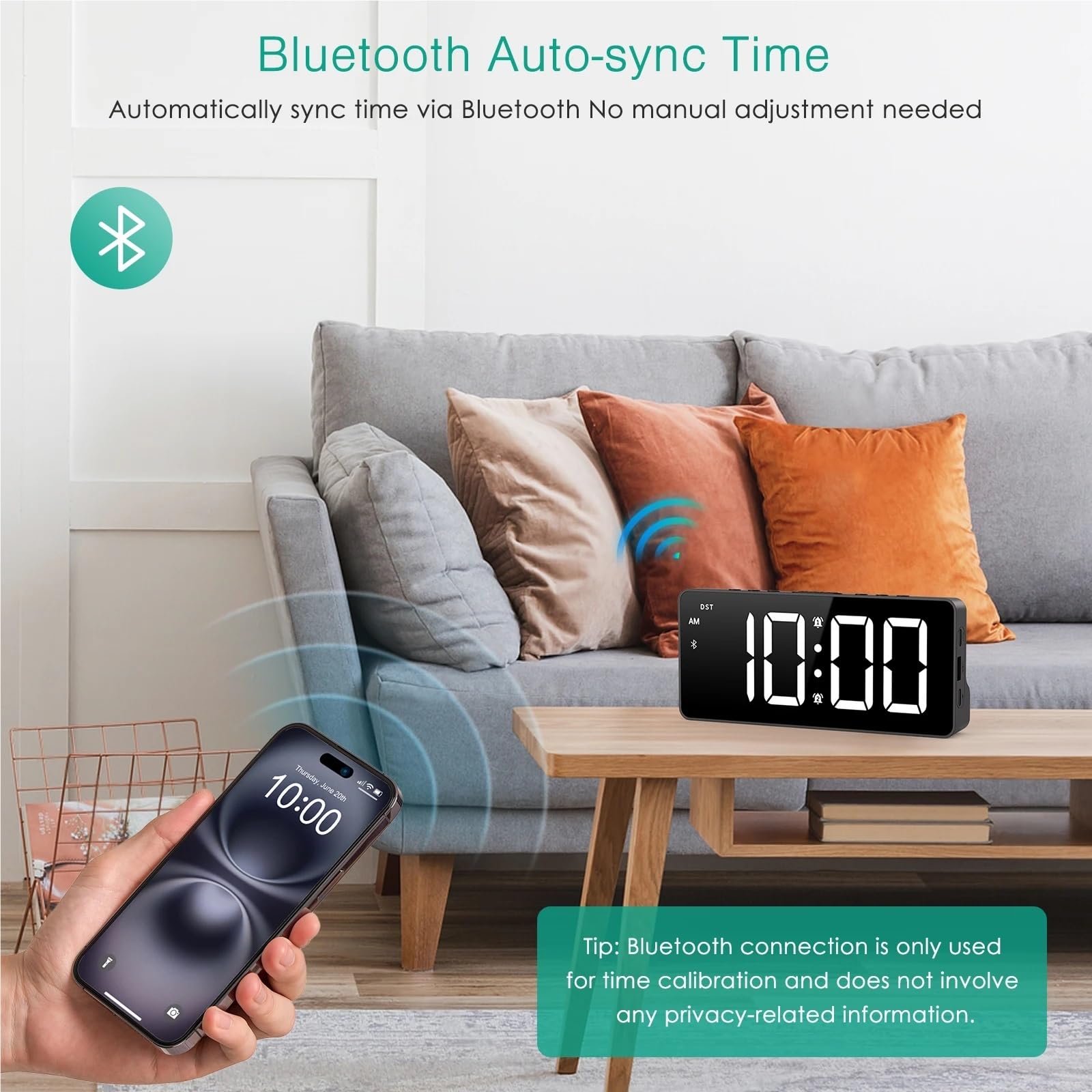 ORIA Digital Alarm Clock 7'' LED with Bluetooth Sync Time Bedside Auto for Home Office Use
