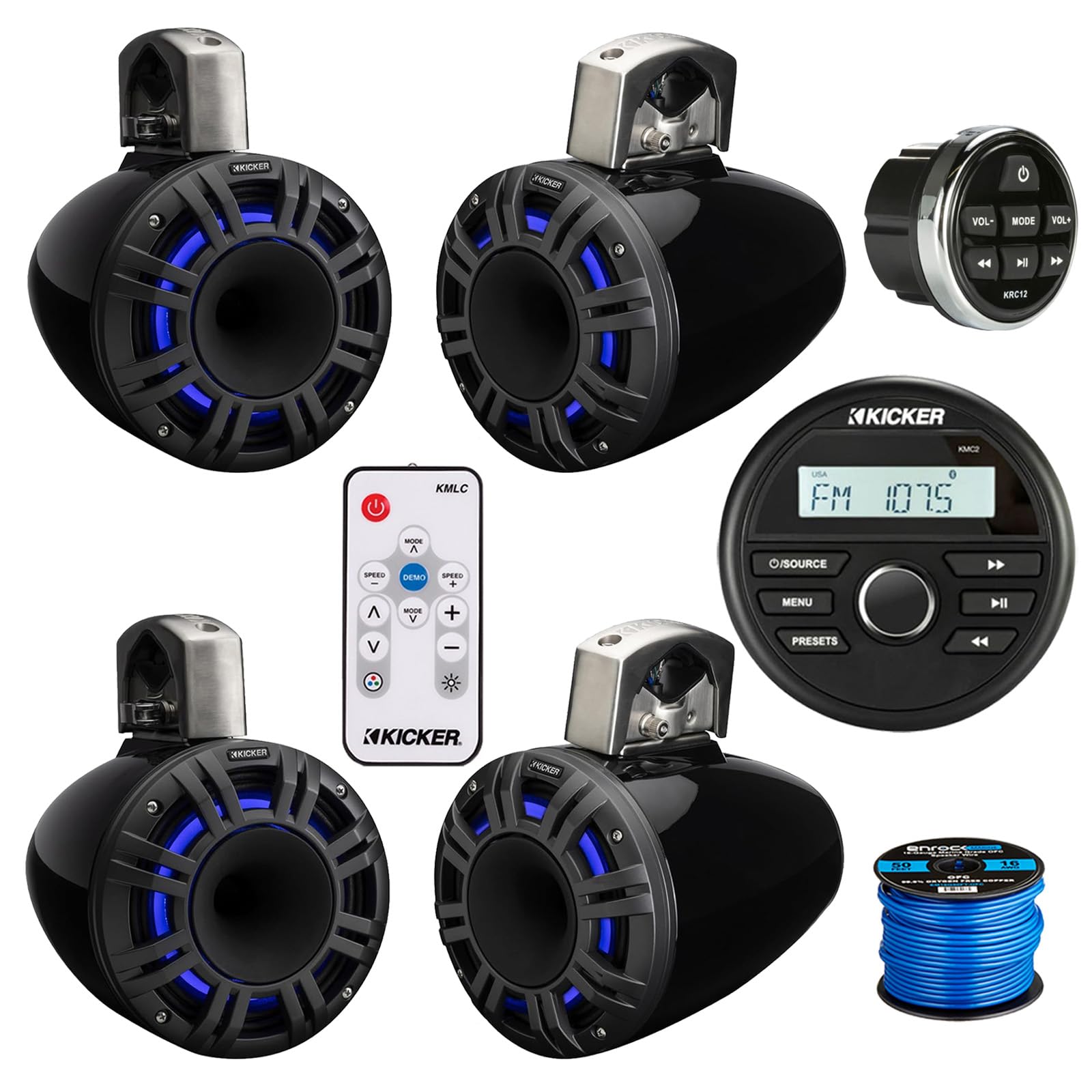 Kicker 46KMC2 All-Weather Marine Gauge Style USB Bluetooth AM/FM Receiver w/Remote, 4X 6.5 300 Watt Peak Multicolor LED Marine HLCD Tower Speakers (Black) with LED Remote, 16 Gauge 50 feet Wire