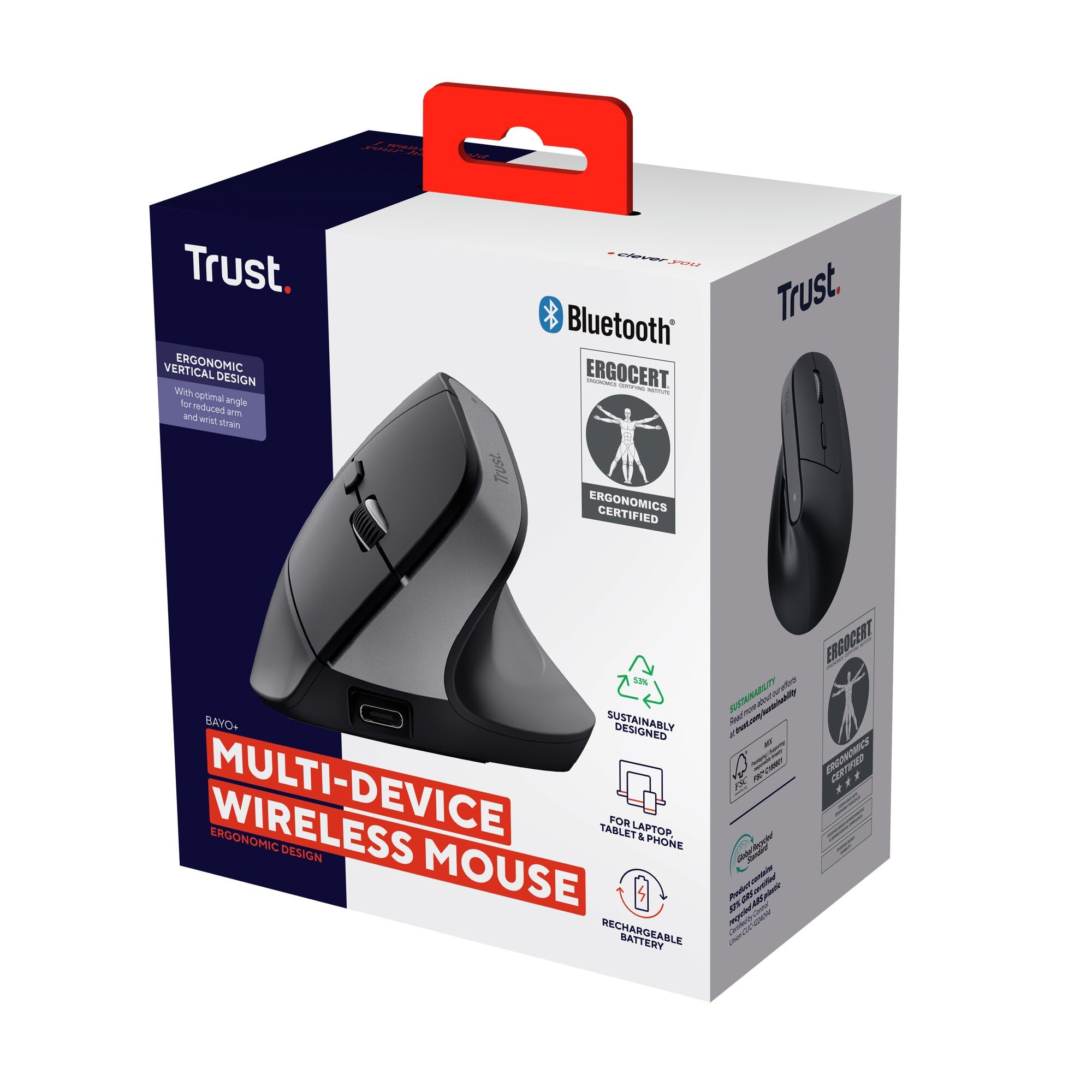 Trust Bayo+ Mouse Verticale Wireless Bluetooth + RF 2.4GHz, Ridurre la Tensione del Braccio e del Polso, 53% Plastica Riciclata, Mouse Ergonomico Ricaricabile Multidispositivo PC Laptop Mac - Nero