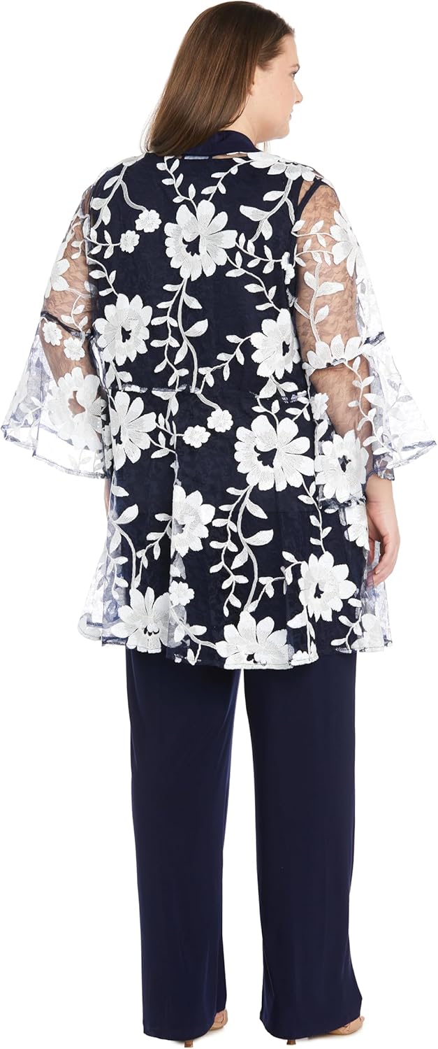 3PC Floral Threadwork Pantsuit Set W/Sheer Bell Sleeve Duster Jacket - Image 7