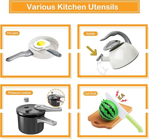 Miniatura 3 de Juego de cocina de 130 piezas, ollas de juego de cocina para niños, sartenes, utensilios de cocina, alimentos diarios, frutas y verduras, cesta de