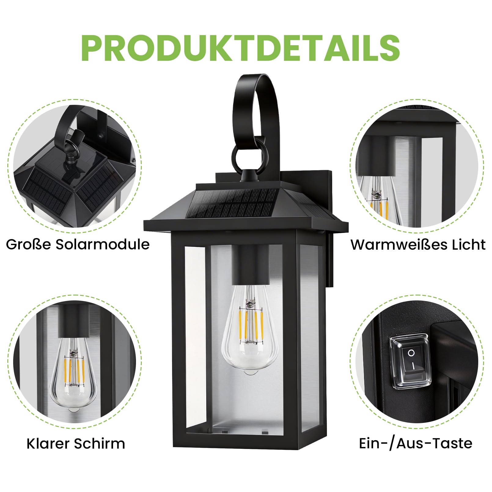 Solarlampen Solarleuchten für Außen, Solarlampen für Außen Garten | Solar Aussenleuchte Aussen Lampe Outdoor Wasserdichte Licht Solarlampe Garten Wandleuchte, Schwarz, E27 Glühbirnen Inklusive