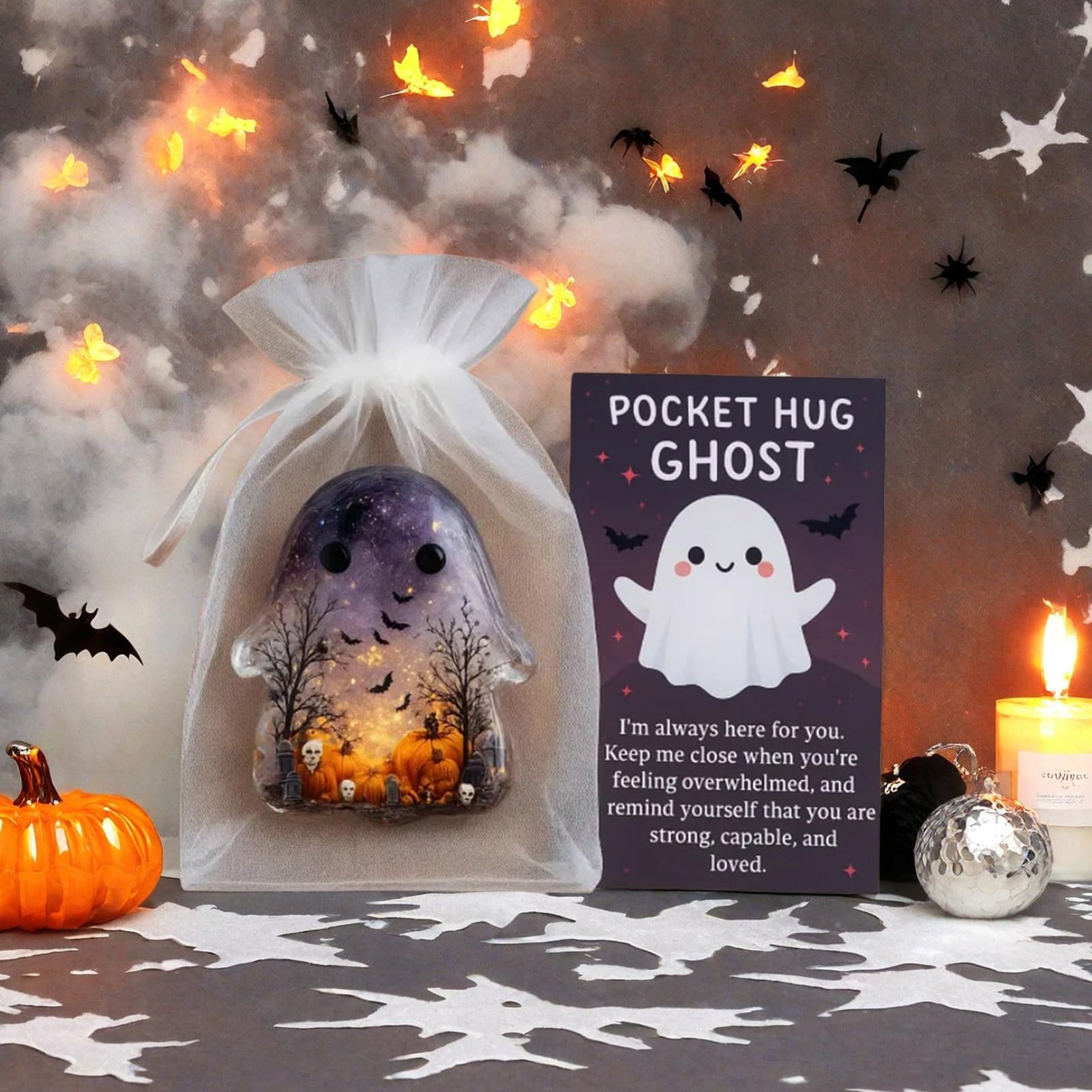 Ghost Pocket Cards, Pocket Comfort Ghosts, Pockets Hug Ghost with Encouragement Card Cute Mini Charm, Inspirational Gift for Friends, Emotional Support Token, Small Decorative Keepsake