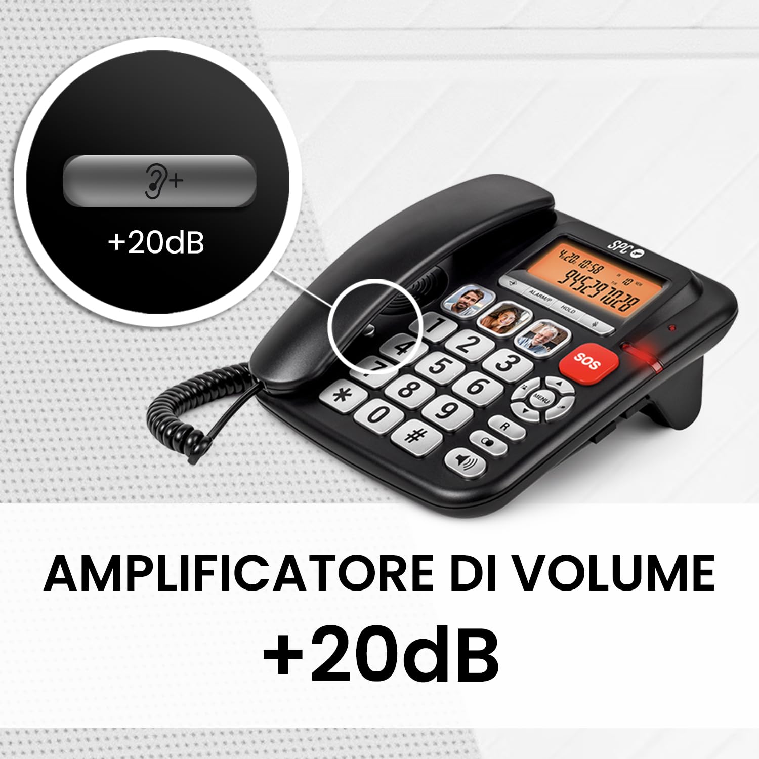 SPC Comfort Volume Pro – Telefono fisso per anziani tasti grandi, suoneria forte e display illuminato | Volume amplificabile +20dB | Memoria diretta, SOS e compatibilità con apparecchi acustici – Nero