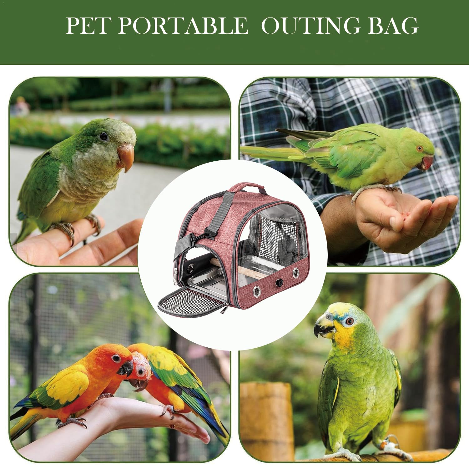 Jaula De Viaje para Pájaros con Percha Y Bandeja, Bolsa De Transporte para Pájaros, Transportador Portátil para, Bolsa De Viaje para Loros, para Periquitos y Loros Pequeños, Rosa
