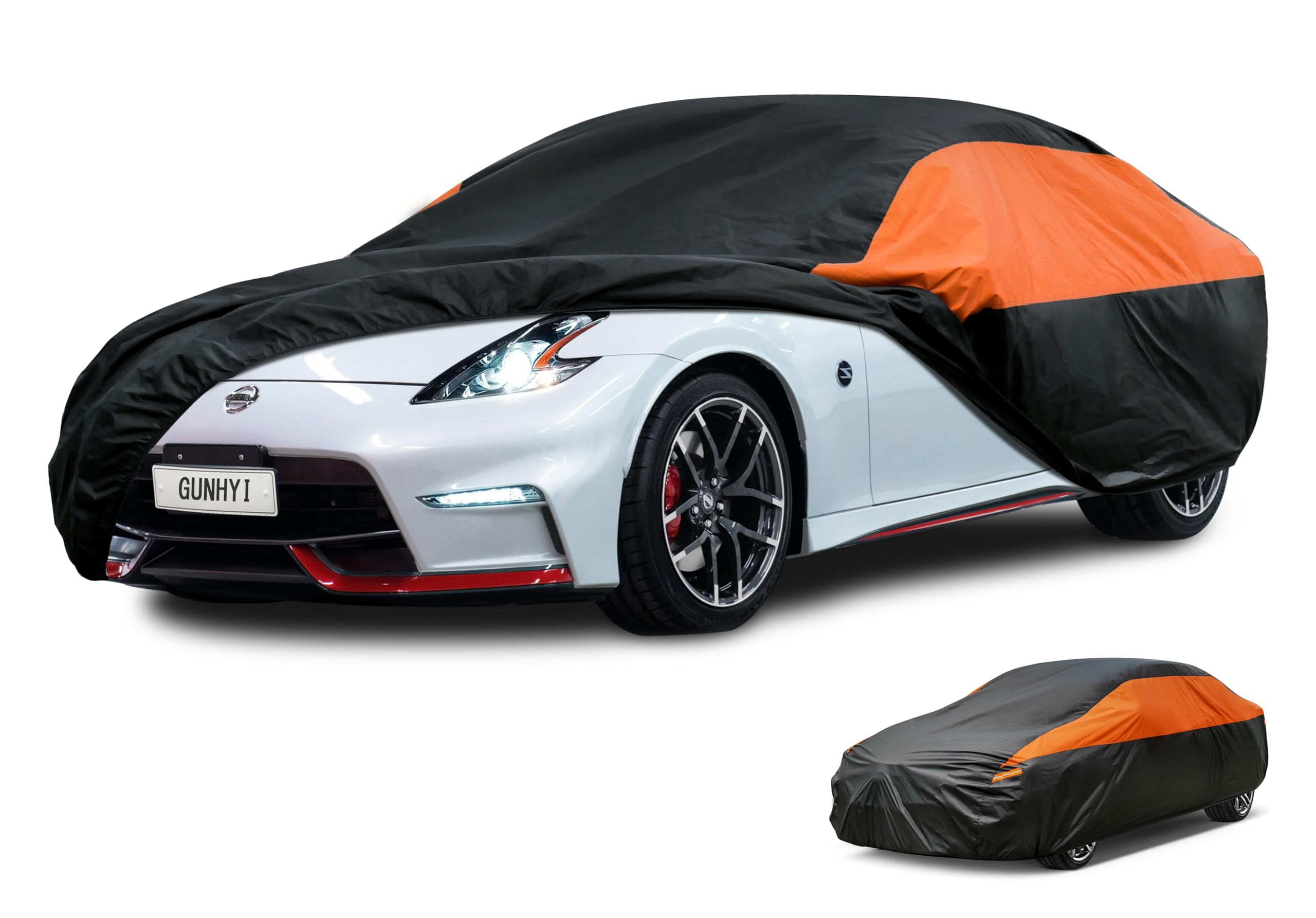 GUNHYI Waterproof Lightweight Full Car Cover Custom Fit Nissan 300 ZX | All‑weather Outdoor sun/rain/dust/snow/wind/UV protection, breathable tear‑resistant fabric, black‑orange design,storage bag