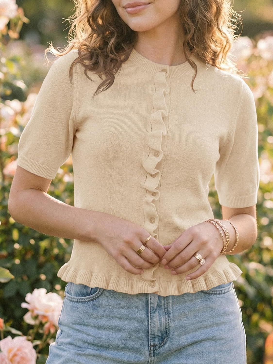 Saodimallsu Womens Ruffle Cardigan Puff Short Sleeve Cute Summer Button Down Lightweight Soft Knit Crewneck Sweater Tops - Image 3