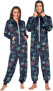ALAZA Starfish Coral Reef Blue Funny Adult Onesie Unisex Pajamas One-Piece Costume Hooded Jumpsuit Sleepwear for Men Women