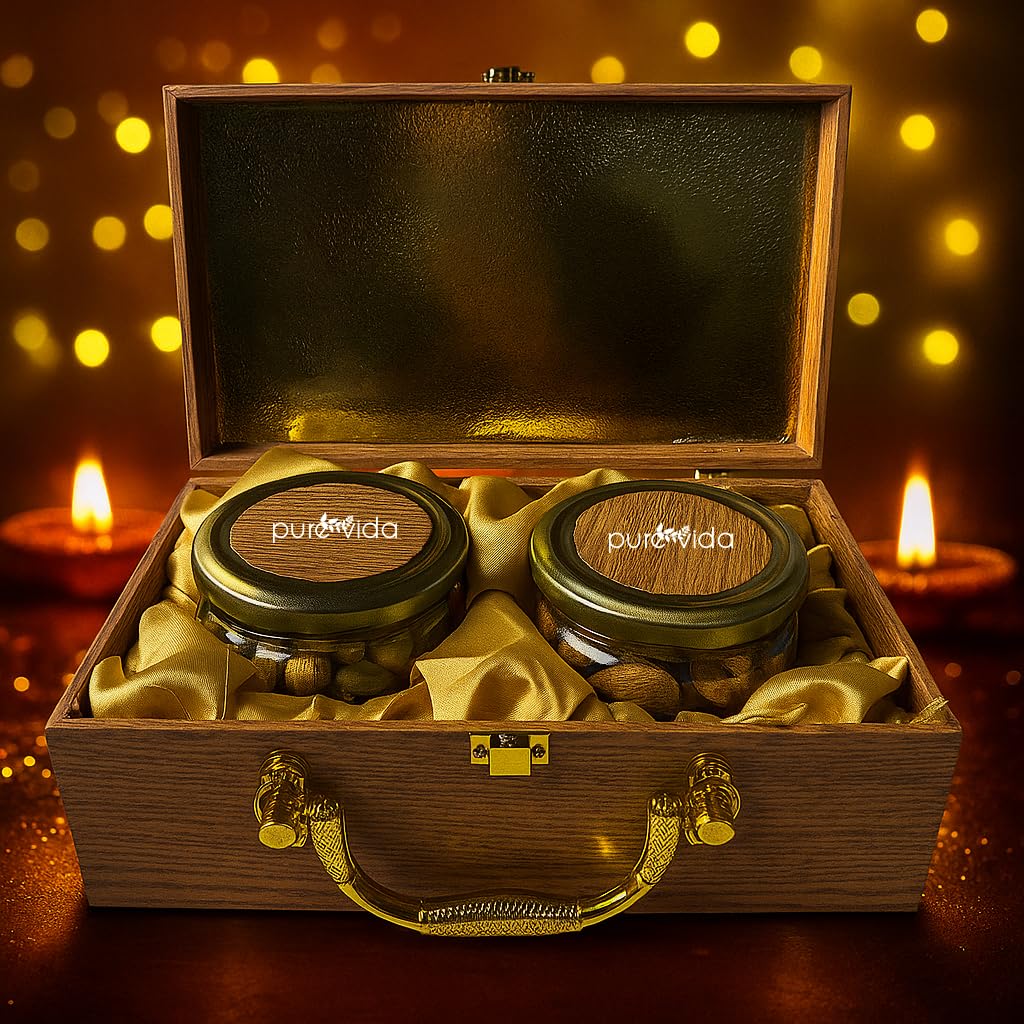 Purevida Premium Wooden Dry Fruits Gift Box with Gold Handle | 2 Glass Jars Filled with Almonds & Cashews | Mixed Nuts Gift Set for Corporate, Wedding & Festive Gifting-image-11