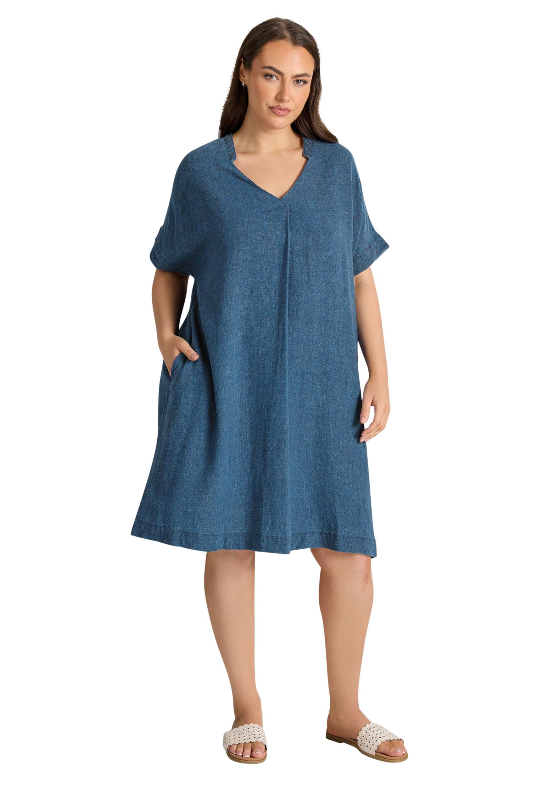 Evans Women's Mid Blue Curve Blue Premium Linen Shift Denim Dress - Plus Size Curve