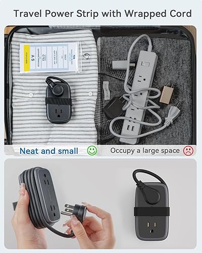 Miniatura 2 de NTONPOWER - Regleta de alimentación de viaje con puertos USB, enchufe plano de 4 pies envuelto alrededor de cable de extensión corto con 4 tomas, 3